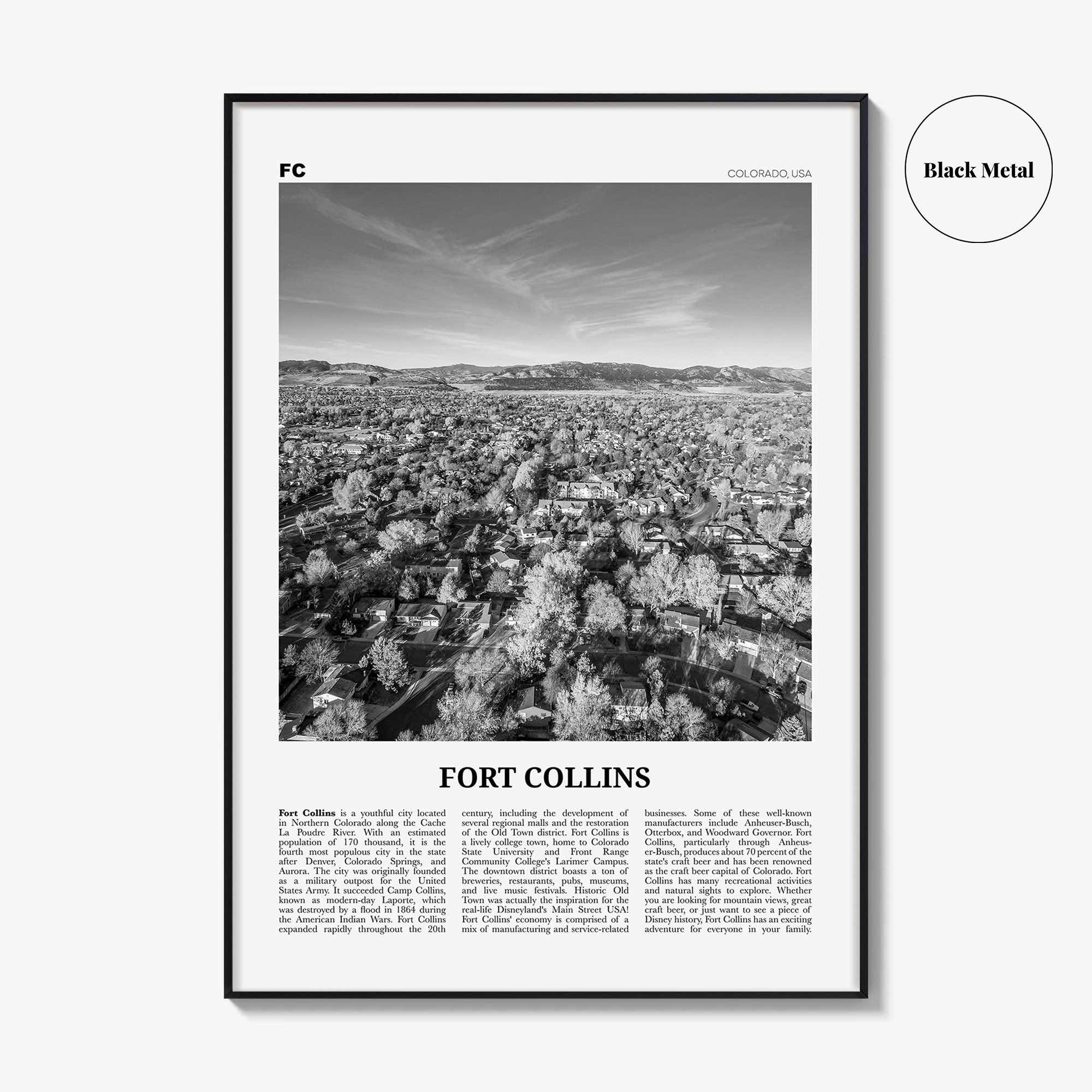 Fort Collins Print Black and White, Fort Collins Wall Art, Fort Collins Poster, Fort Collins Photo, Fort Collins Décor, Colorado, USA