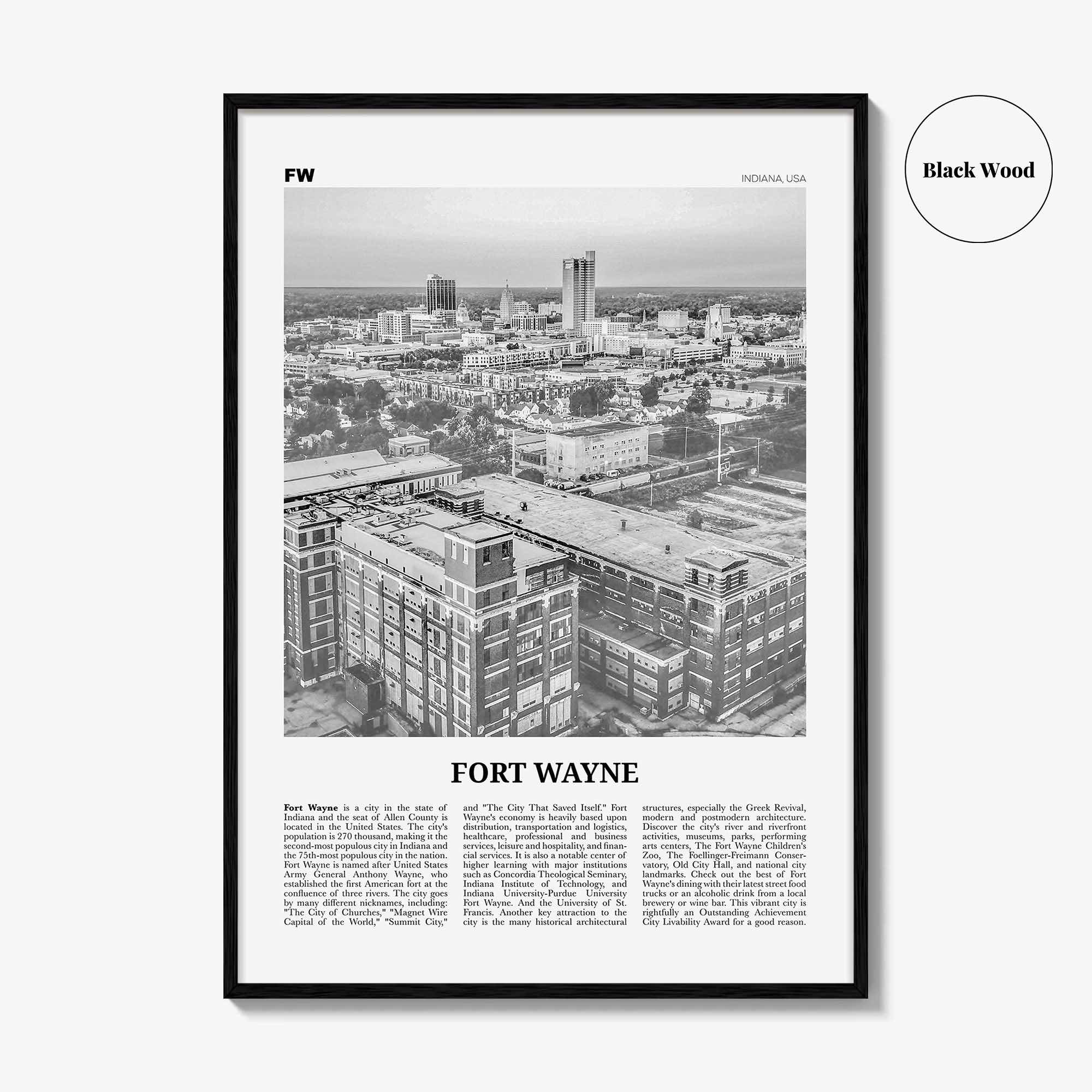 Fort Wayne Print Black and White No 1, Fort Wayne Wall Art, Fort Wayne Poster, Fort Wayne Photo, Indiana, USA, United States, America