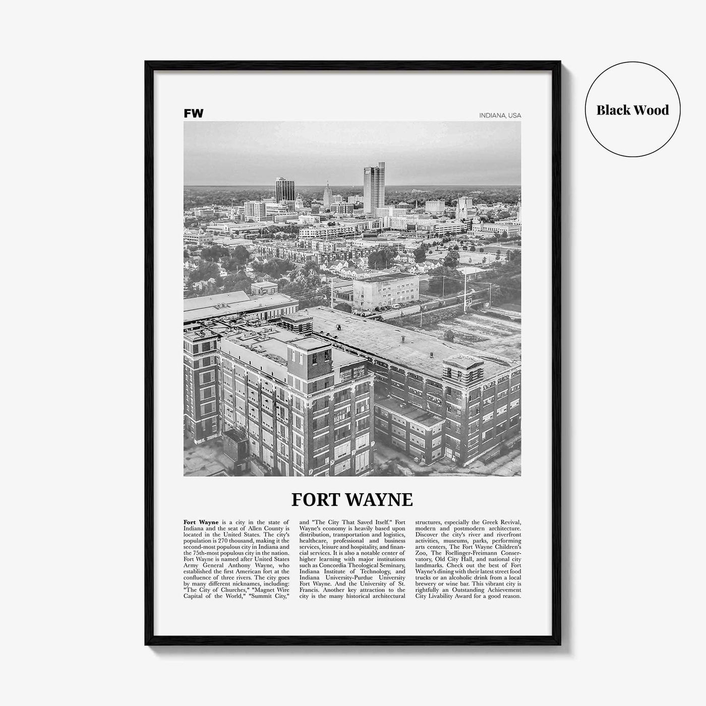 Fort Wayne Print Black and White No 1, Fort Wayne Wall Art, Fort Wayne Poster, Fort Wayne Photo, Indiana, USA, United States, America