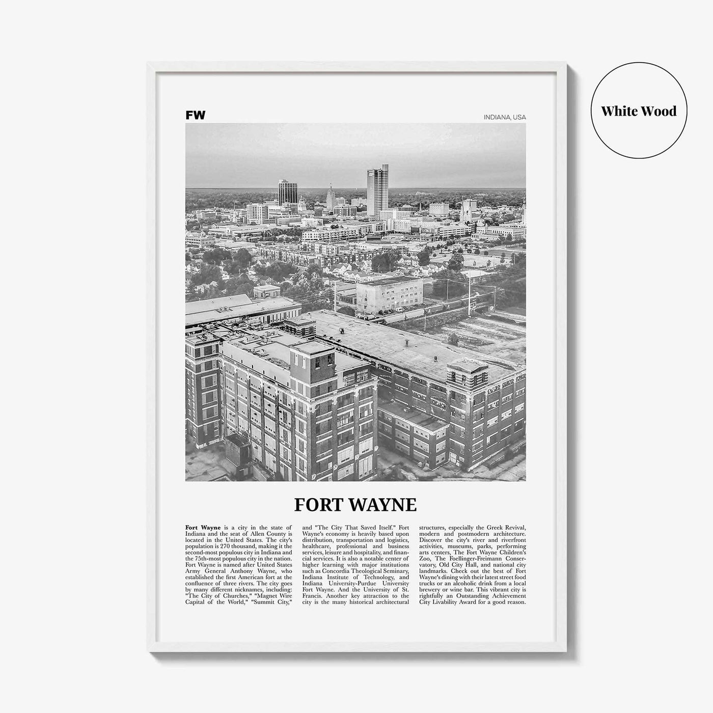 Fort Wayne Print Black and White No 1, Fort Wayne Wall Art, Fort Wayne Poster, Fort Wayne Photo, Indiana, USA, United States, America