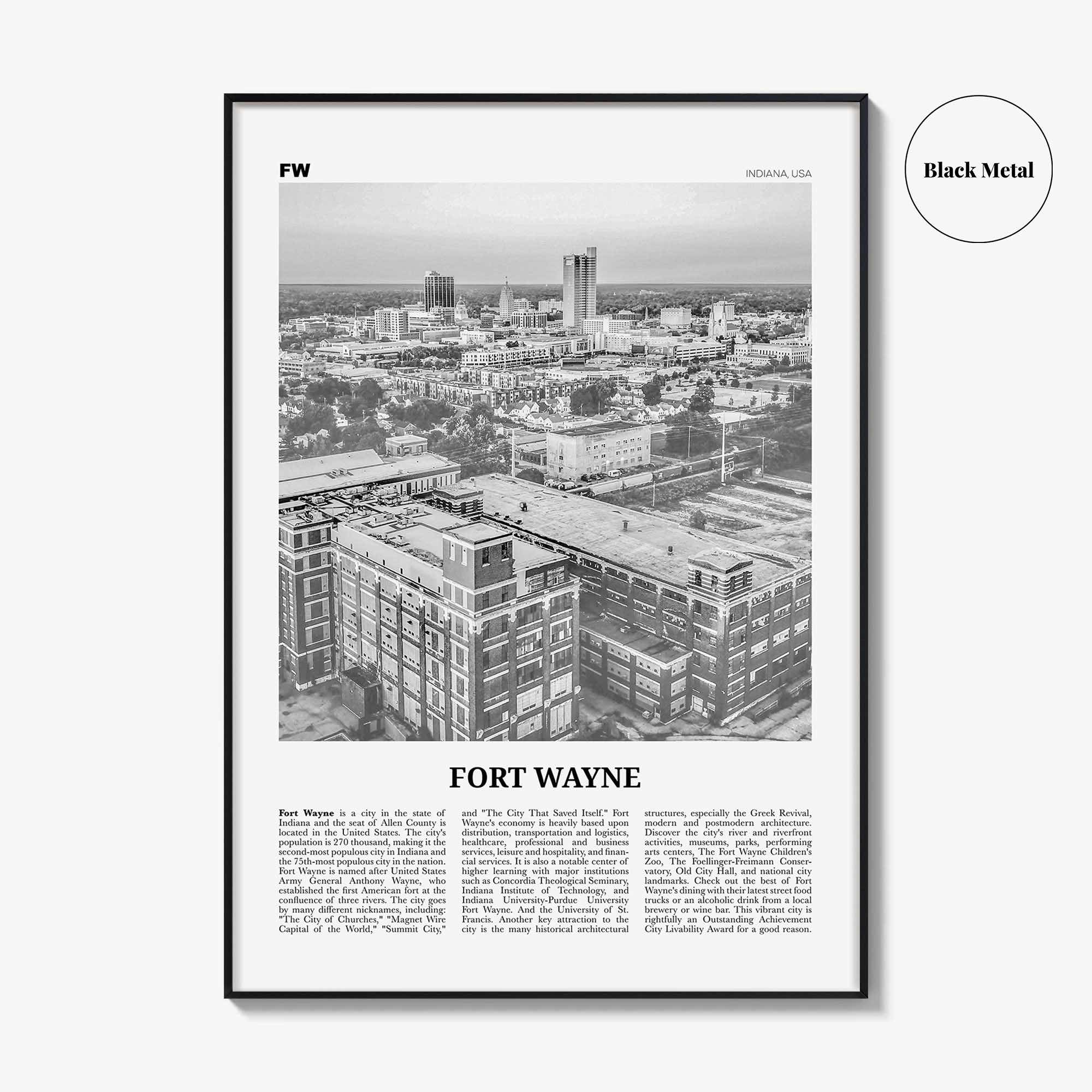 Fort Wayne Print Black and White No 1, Fort Wayne Wall Art, Fort Wayne Poster, Fort Wayne Photo, Indiana, USA, United States, America