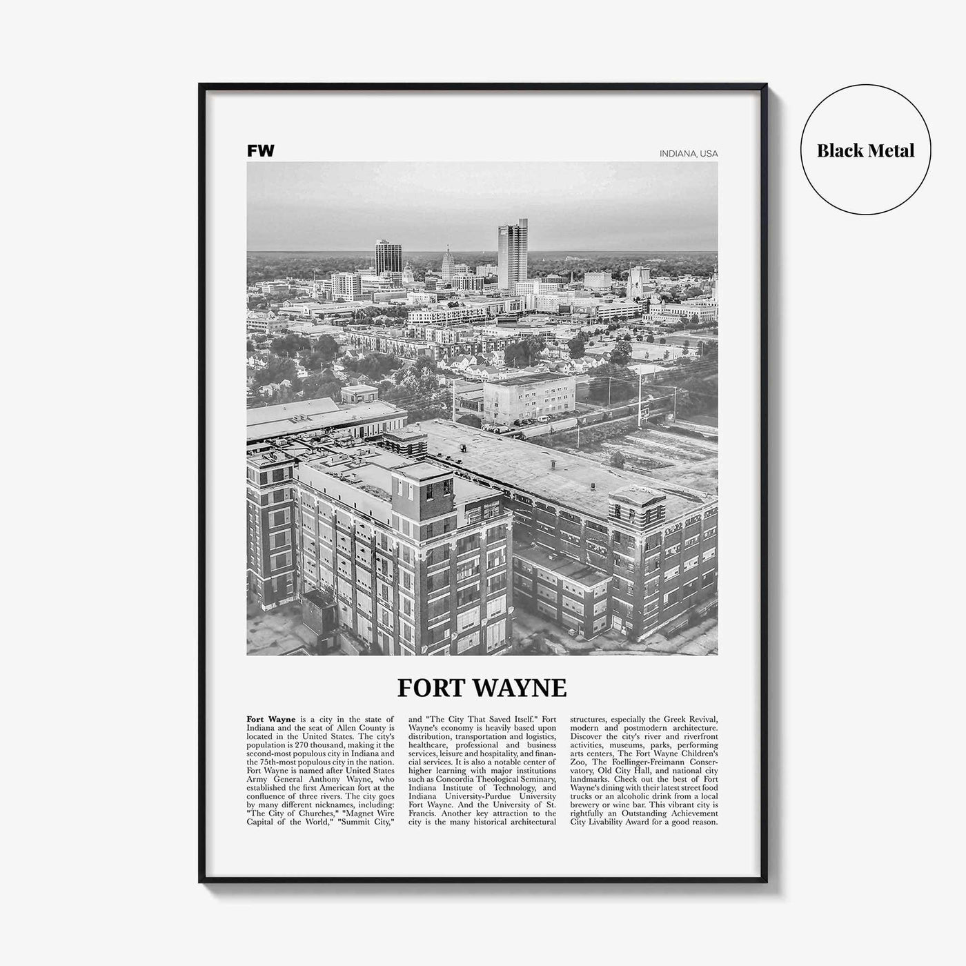Fort Wayne Print Black and White No 1, Fort Wayne Wall Art, Fort Wayne Poster, Fort Wayne Photo, Indiana, USA, United States, America