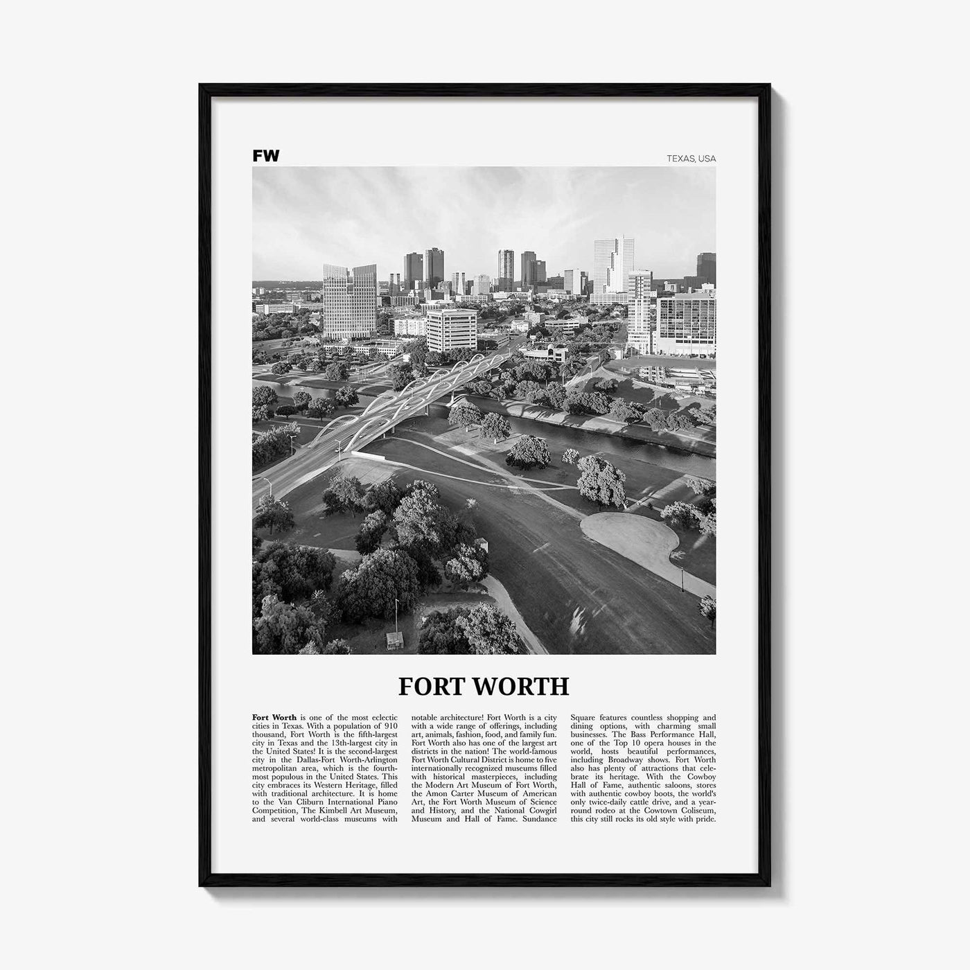 Fort Worth Print Black and White No 1, Fort Worth Wall Art, Fort Worth Poster, Fort Worth Photo, Texas, USA, United States, North America