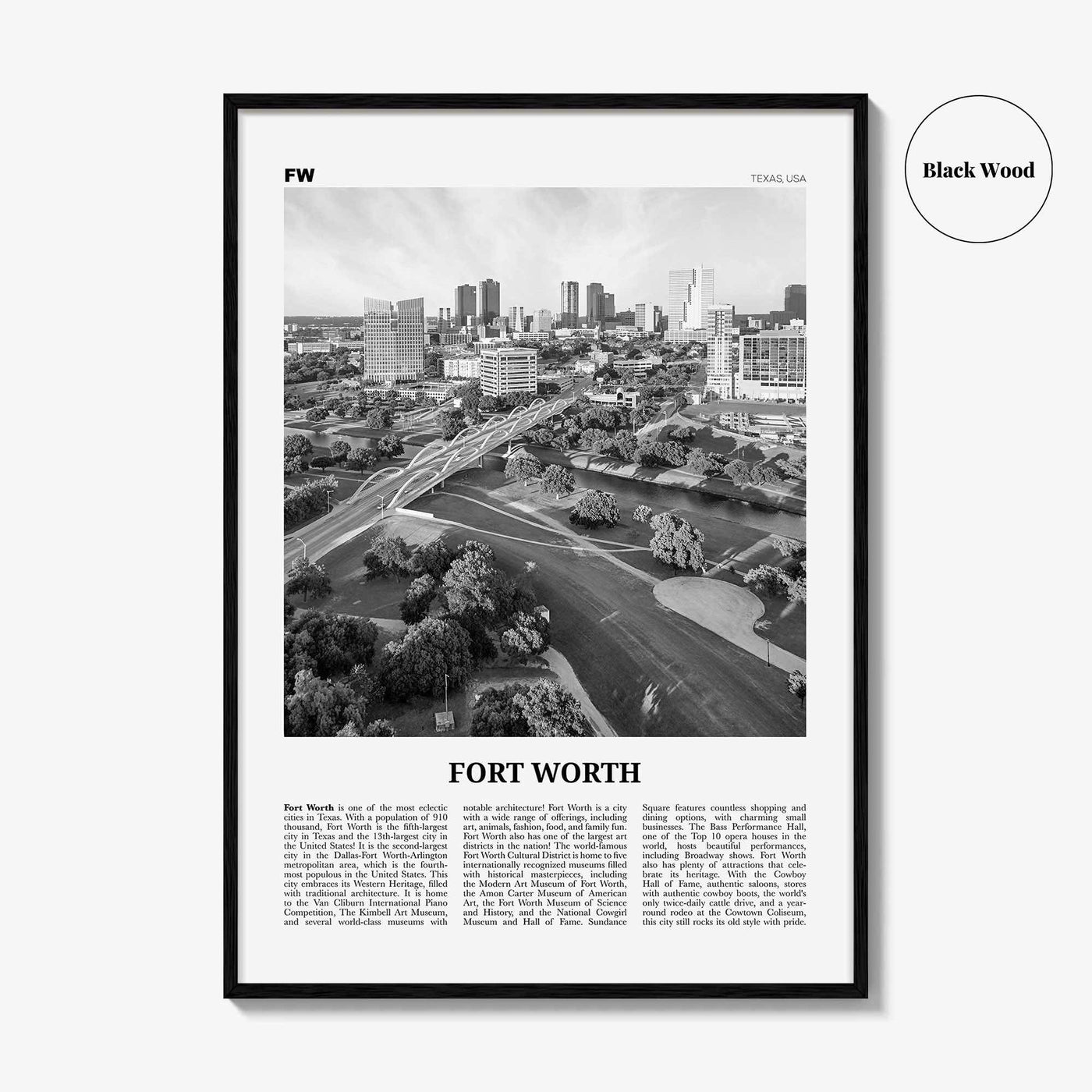 Fort Worth Print Black and White No 1, Fort Worth Wall Art, Fort Worth Poster, Fort Worth Photo, Texas, USA, United States, North America