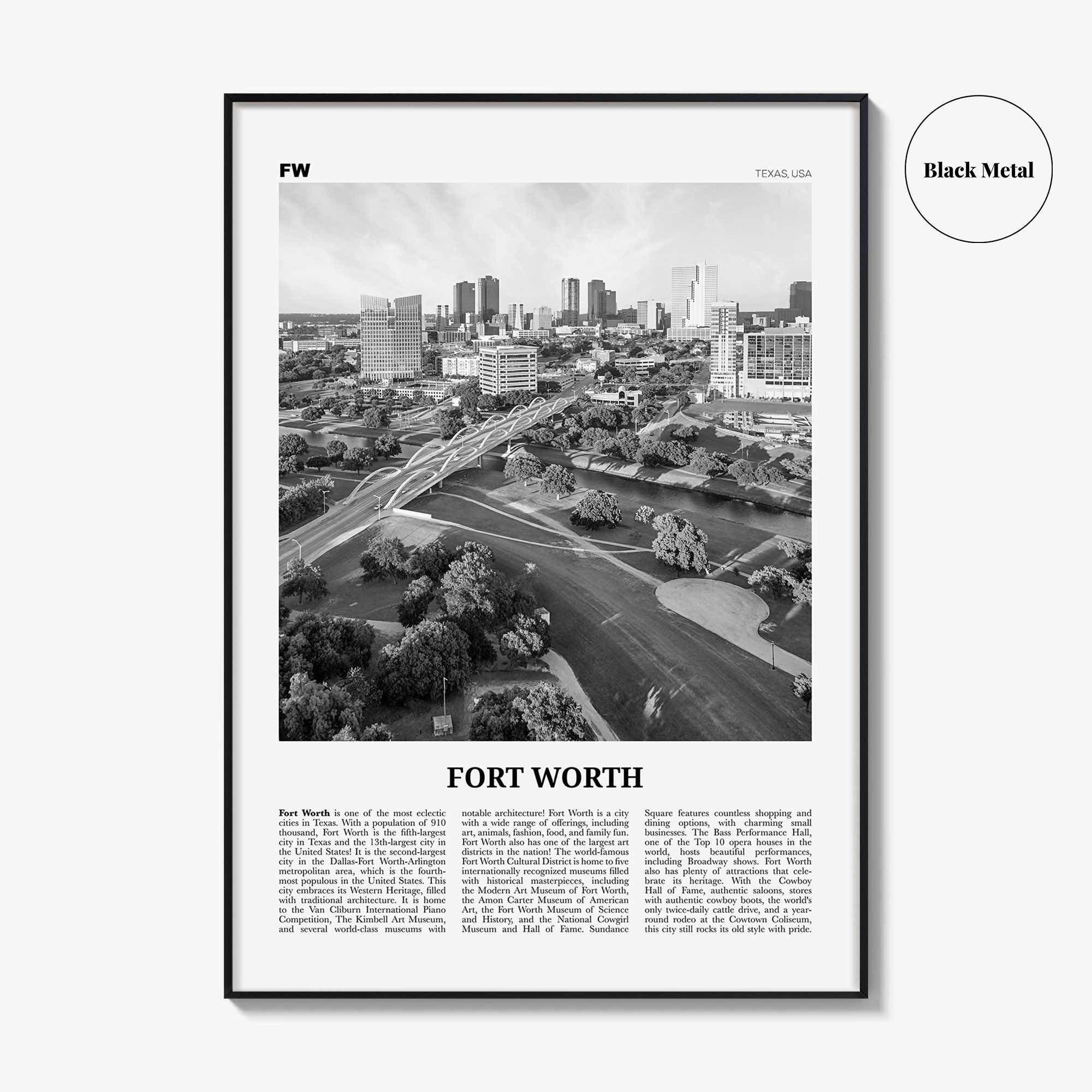 Fort Worth Print Black and White No 1, Fort Worth Wall Art, Fort Worth Poster, Fort Worth Photo, Texas, USA, United States, North America