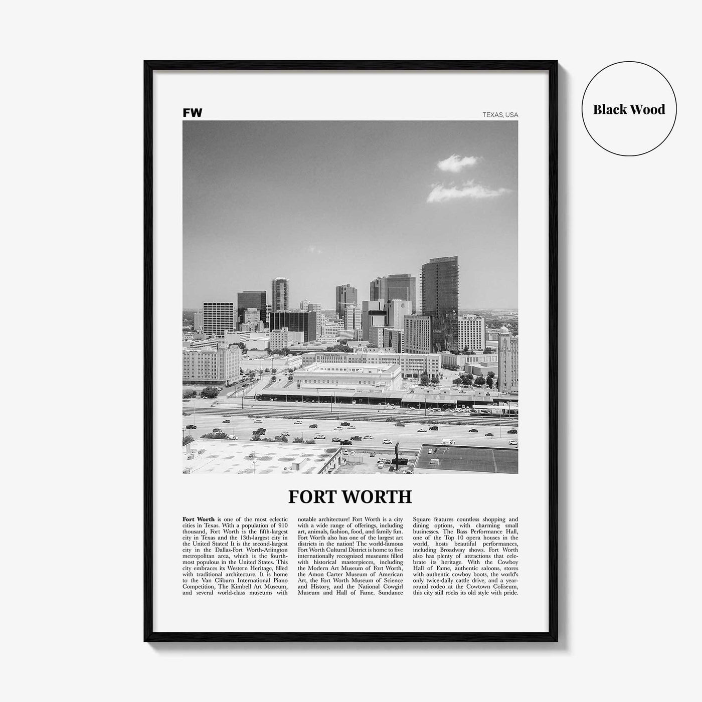 Fort Worth Print Black and White No 2, Fort Worth Wall Art, Fort Worth Poster, Fort Worth Photo, Texas, USA, United States, North America