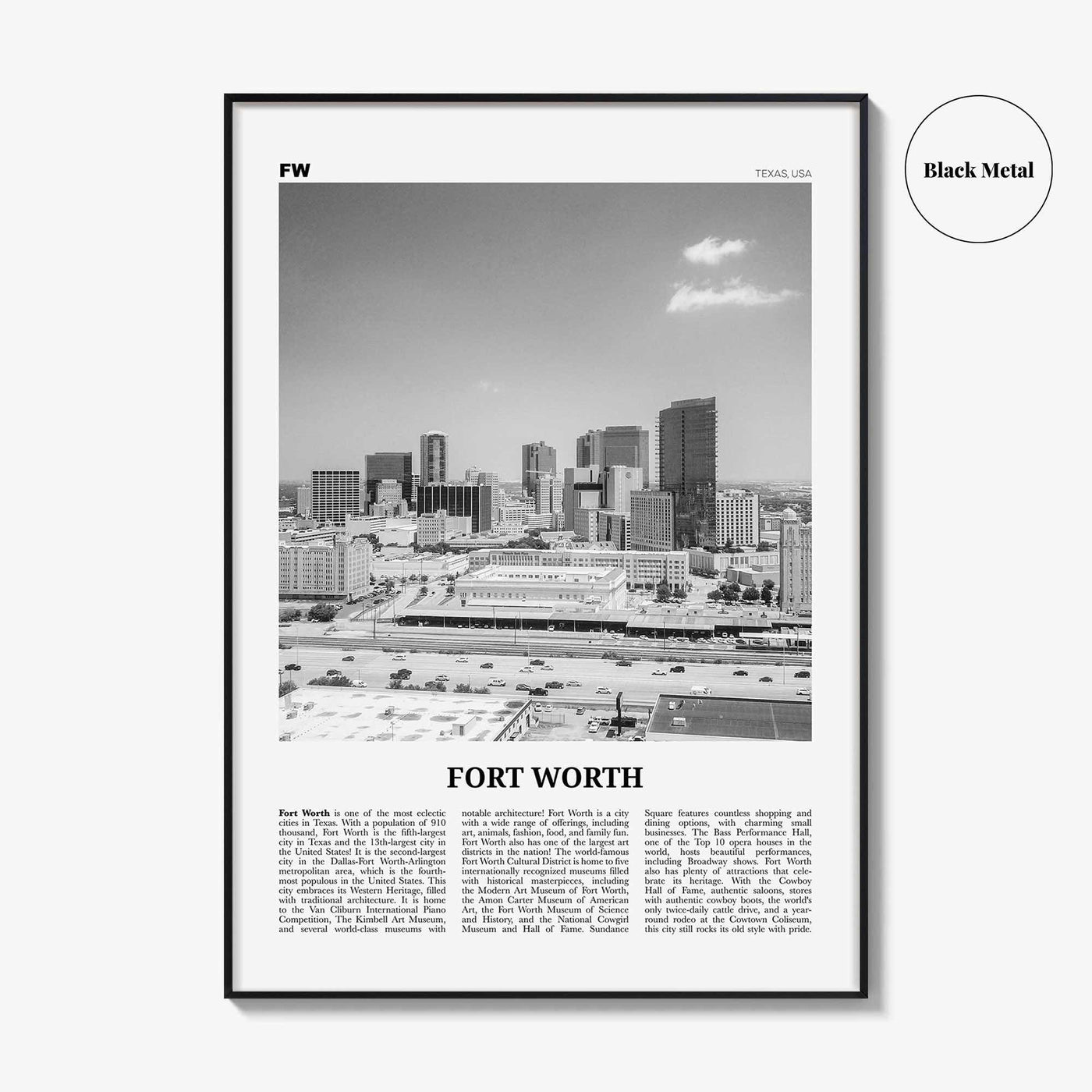 Fort Worth Print Black and White No 2, Fort Worth Wall Art, Fort Worth Poster, Fort Worth Photo, Texas, USA, United States, North America