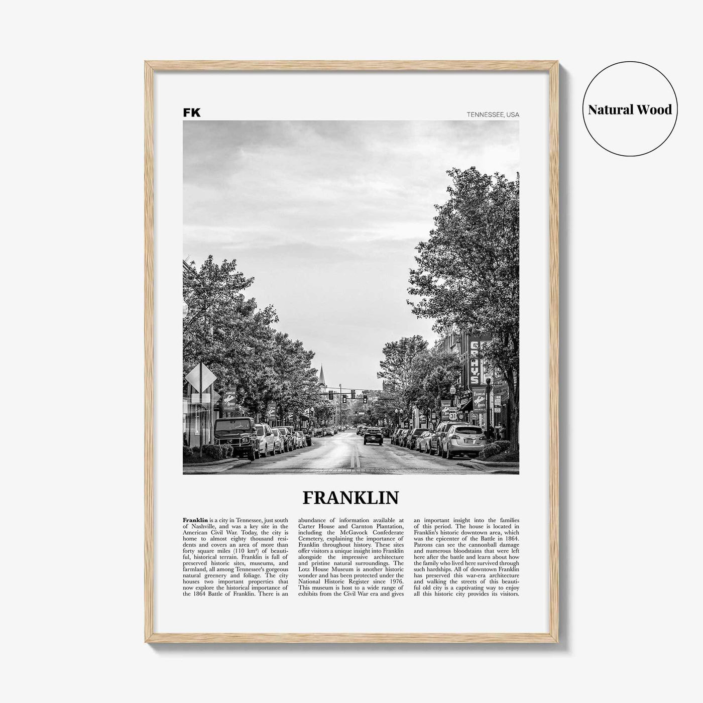 Franklin Print Black and White, Franklin Wall Art, Franklin Poster, Franklin Photo, Franklin Map, Tennessee, USA, United States