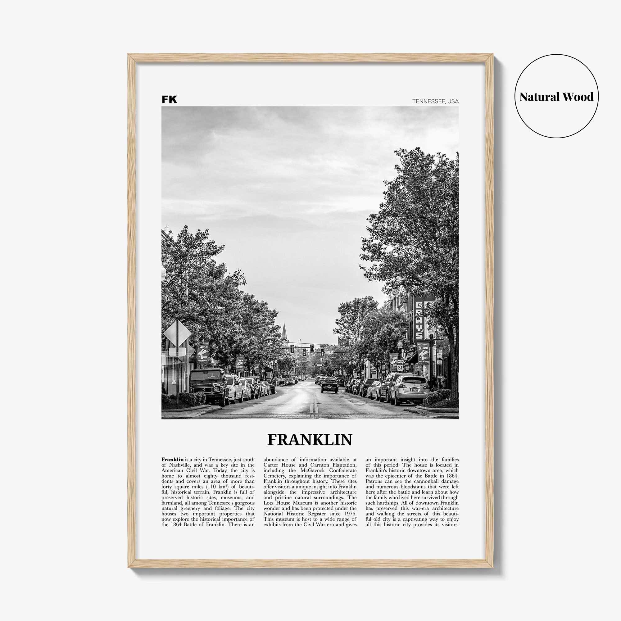 Franklin Print Black and White, Franklin Wall Art, Franklin Poster, Franklin Photo, Franklin Map, Tennessee, USA, United States