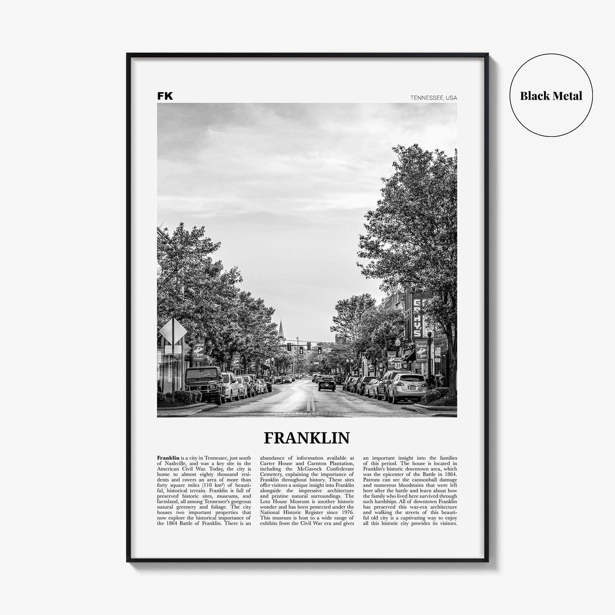 Franklin Print Black and White, Franklin Wall Art, Franklin Poster, Franklin Photo, Franklin Map, Tennessee, USA, United States