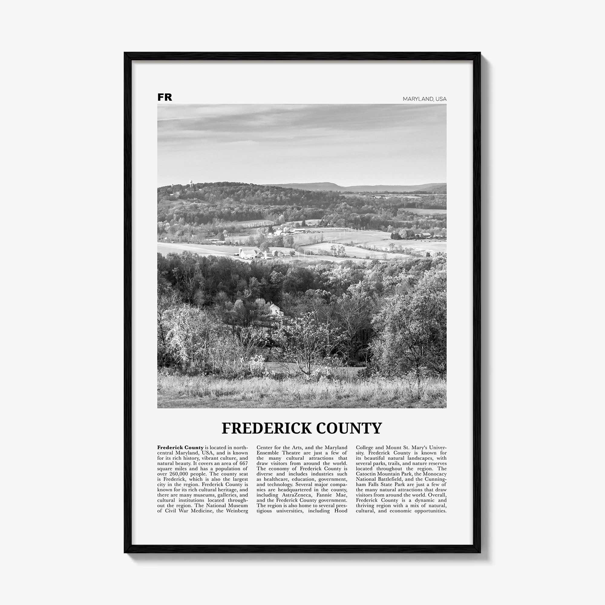 Frederick County Print Black and White, Frederick County Wall Art, Frederick Poster, Frederick Photo, Frederick Wall Décor, Frederick Map