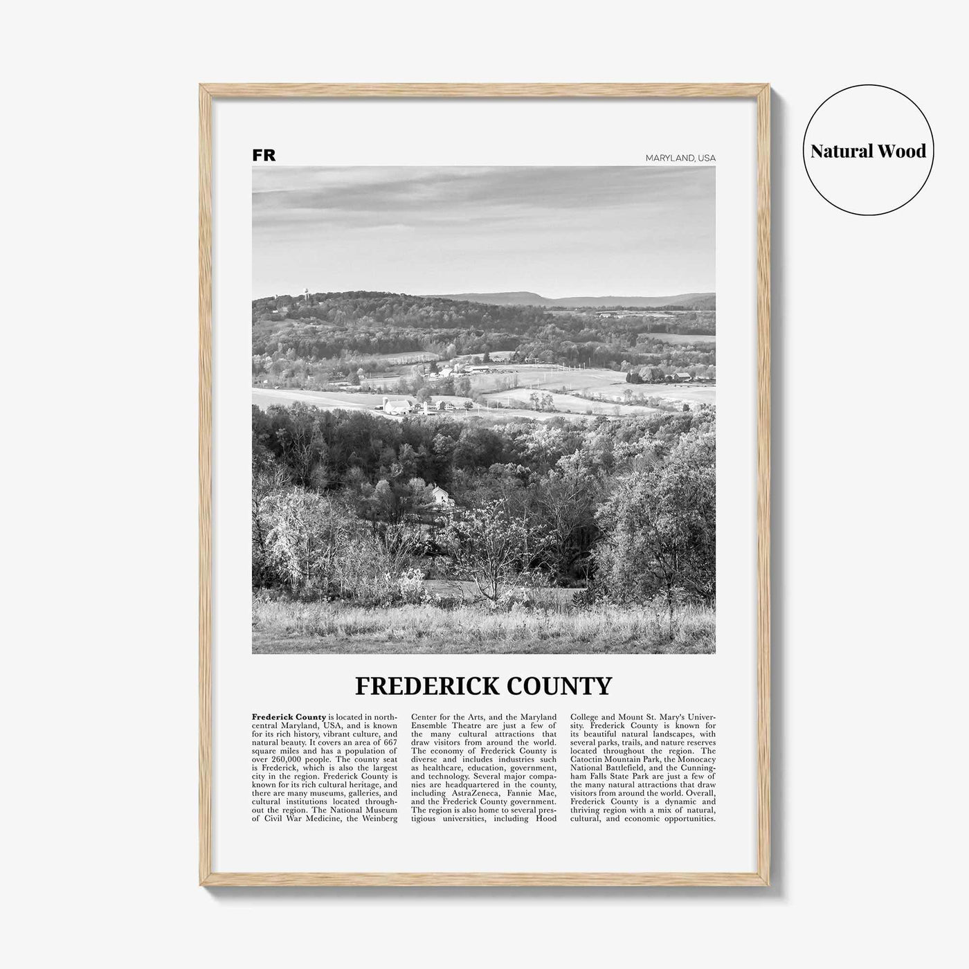 Frederick County Print Black and White, Frederick County Wall Art, Frederick Poster, Frederick Photo, Frederick Wall Décor, Frederick Map