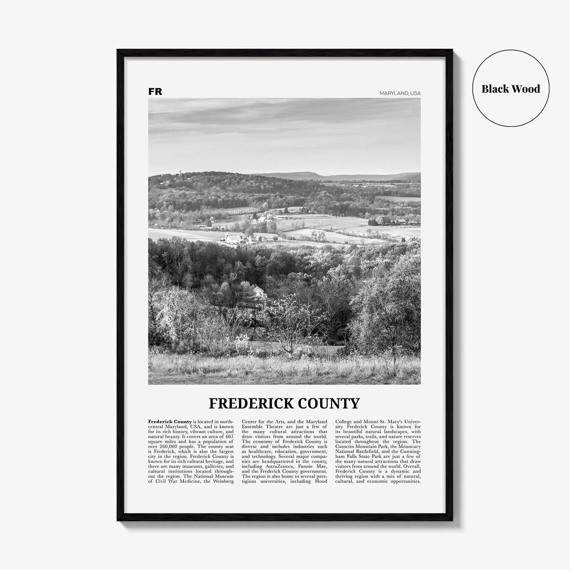 Frederick County Print Black and White, Frederick County Wall Art, Frederick Poster, Frederick Photo, Frederick Wall Décor, Frederick Map