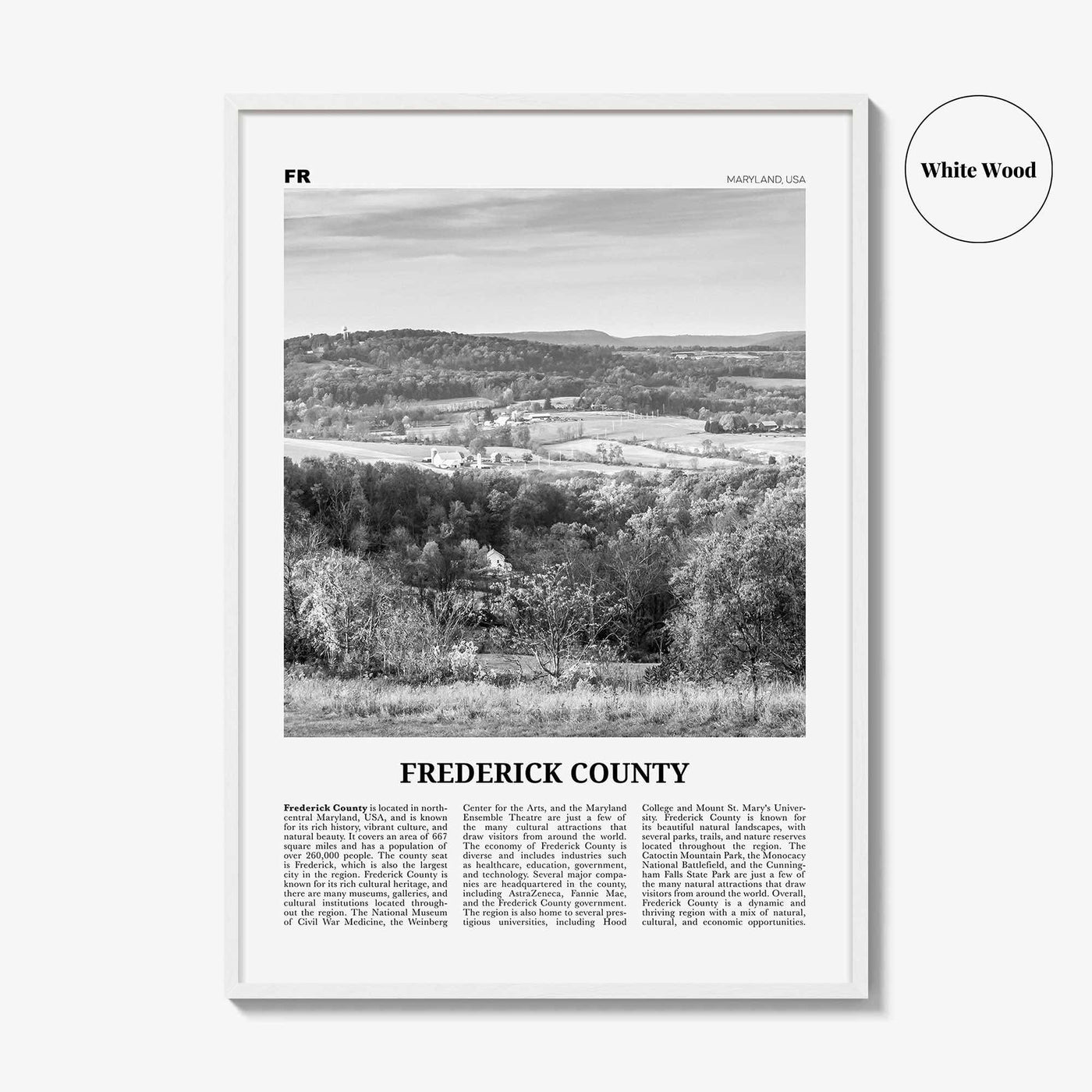 Frederick County Print Black and White, Frederick County Wall Art, Frederick Poster, Frederick Photo, Frederick Wall Décor, Frederick Map