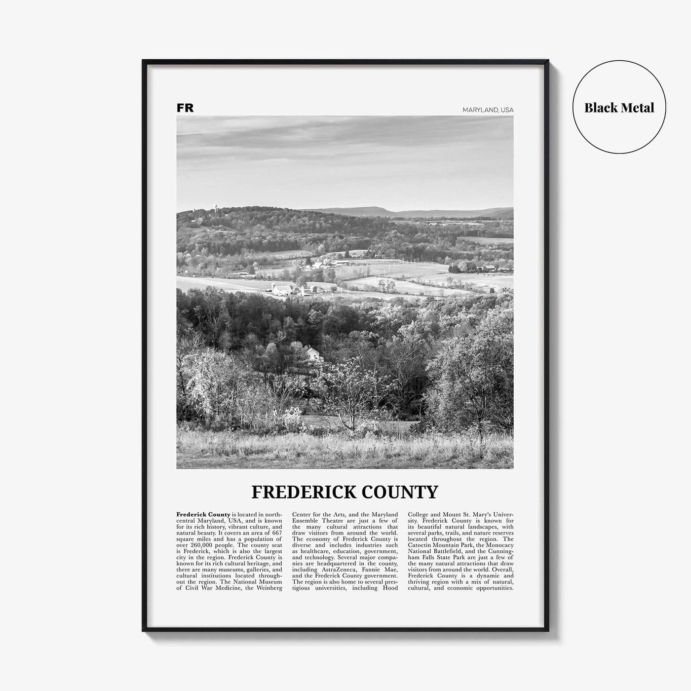 Frederick County Print Black and White, Frederick County Wall Art, Frederick Poster, Frederick Photo, Frederick Wall Décor, Frederick Map