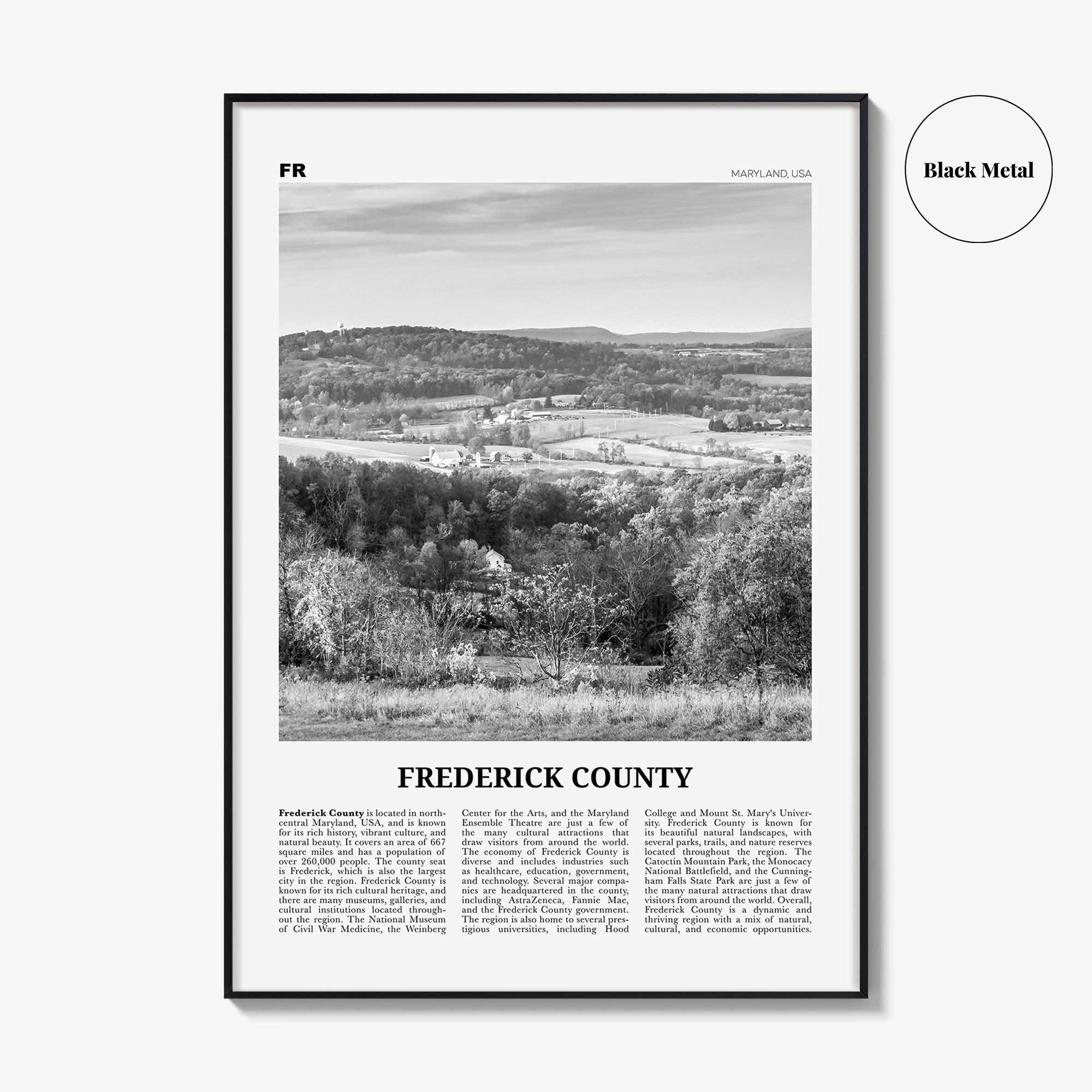 Frederick County Print Black and White, Frederick County Wall Art, Frederick Poster, Frederick Photo, Frederick Wall Décor, Frederick Map