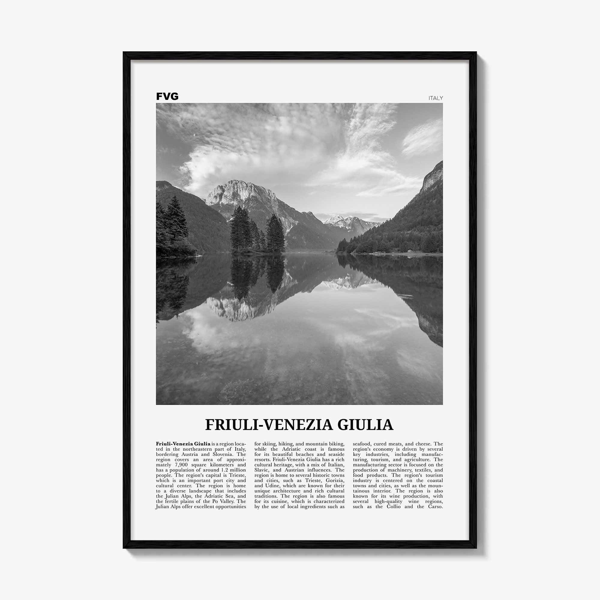 Friuli Venezia Giulia Print Black and White, Friuli-Venezia Giulia Wall Art, Friuli-Venezia Giulia Poster, Photo, Wall Décor, Map