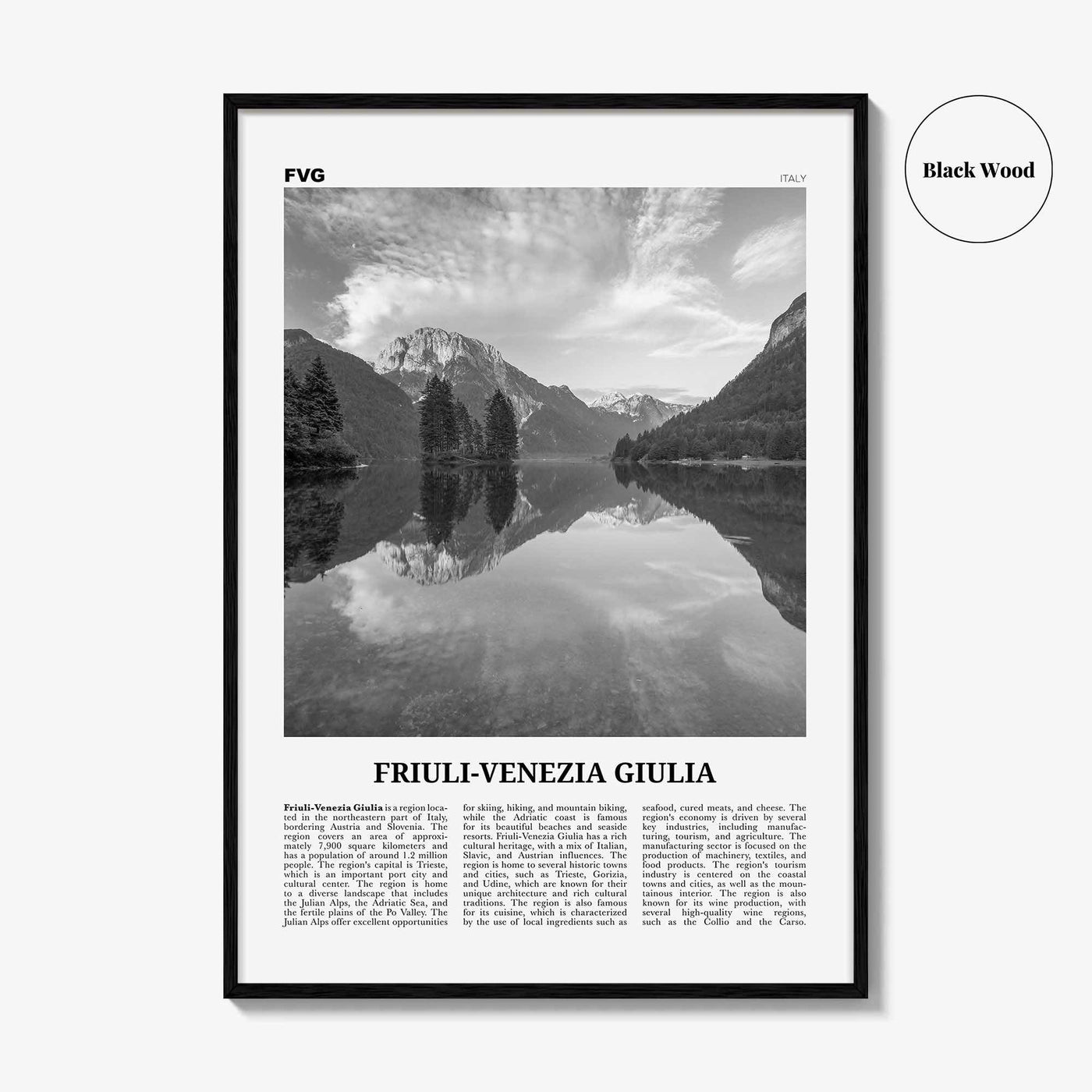 Friuli Venezia Giulia Print Black and White, Friuli-Venezia Giulia Wall Art, Friuli-Venezia Giulia Poster, Photo, Wall Décor, Map