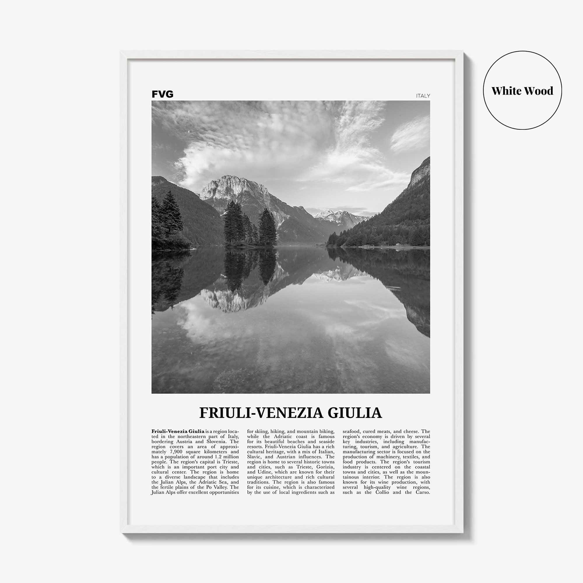 Friuli Venezia Giulia Print Black and White, Friuli-Venezia Giulia Wall Art, Friuli-Venezia Giulia Poster, Photo, Wall Décor, Map