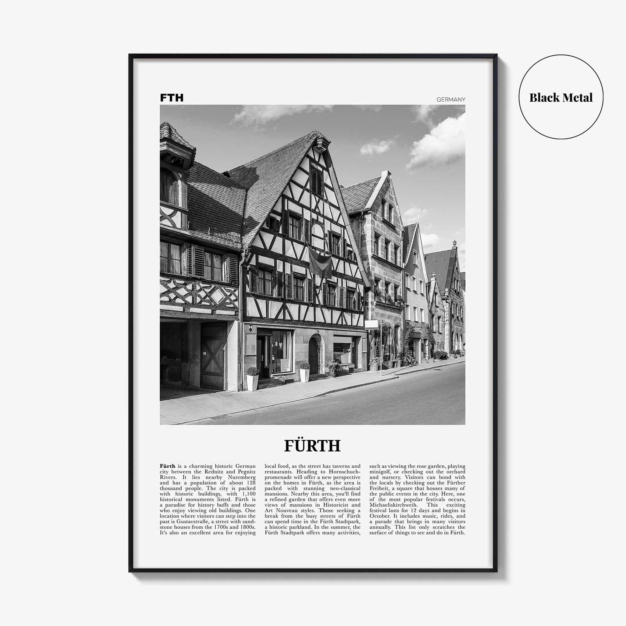 Furth Print Black and White, Fürth Wall Art, Fürth Poster, Fürth Photo, Fürth Wall Décor, Fürth Map, Germany