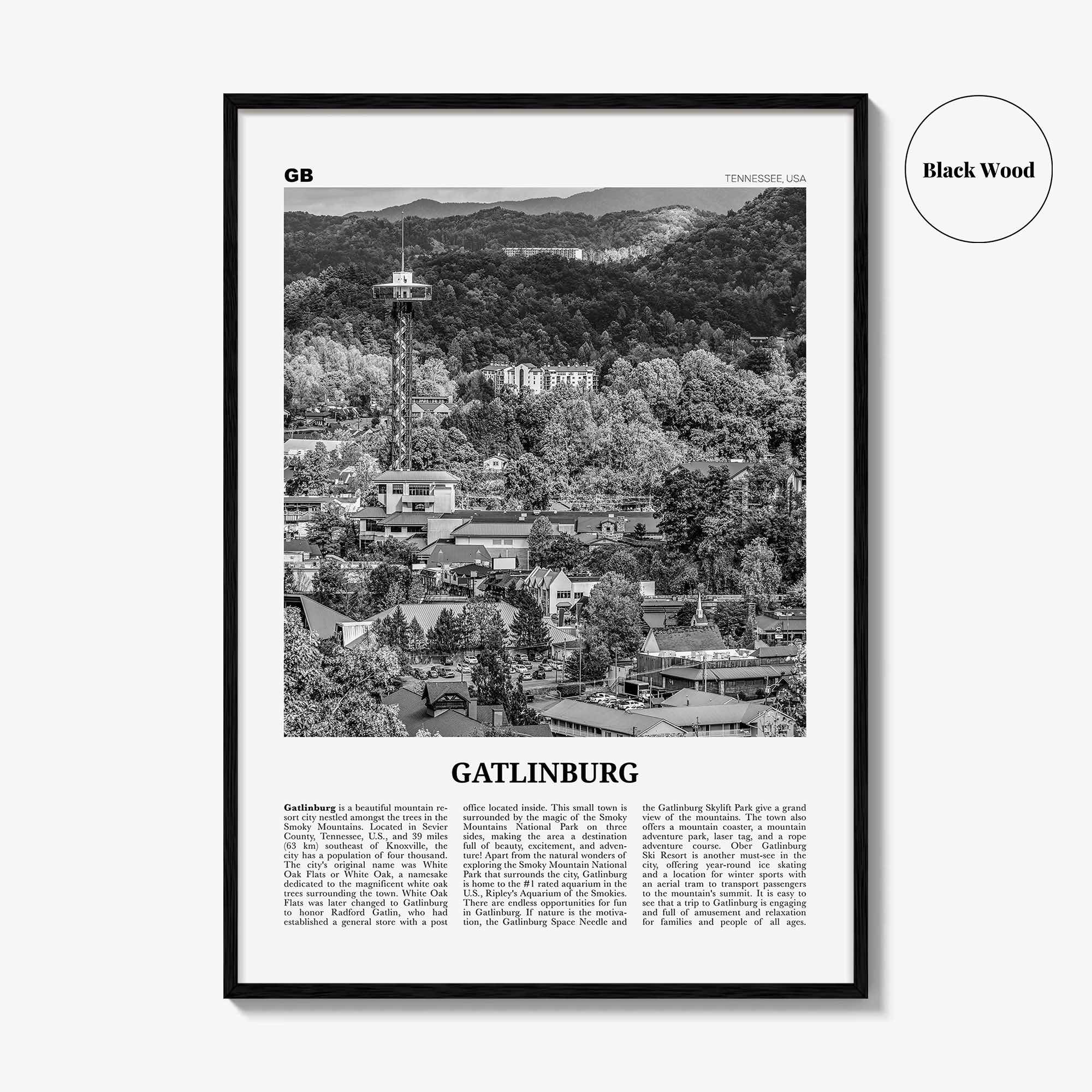 Gatlinburg Print Black and White, Gatlinburg Wall Art, Gatlinburg Poster, Gatlinburg Photo, Gatlinburg Wall Décor, Tennessee, USA