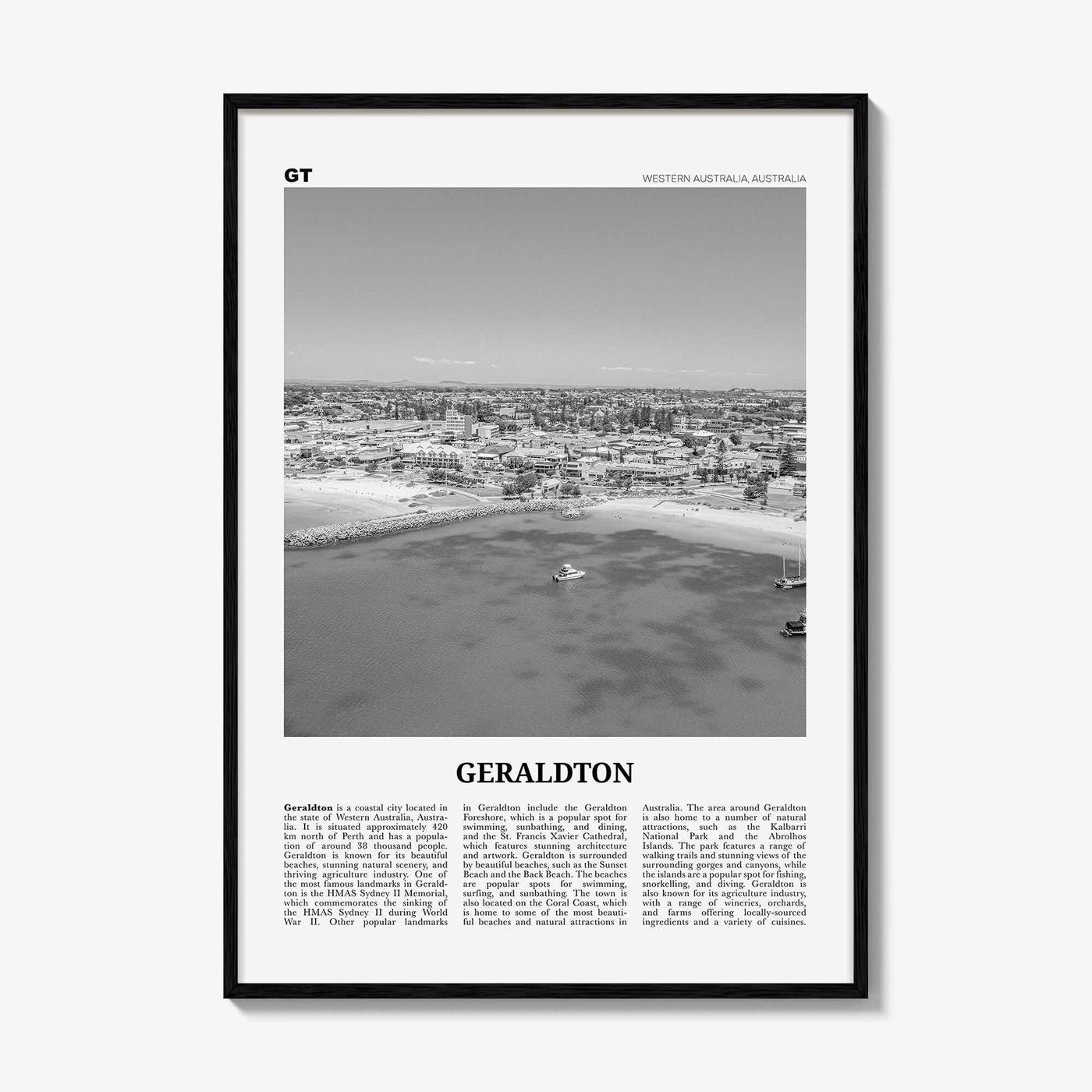 Geraldton Print Black and White, Geraldton Wall Art, Geraldton Poster, Geraldton Photo, Geraldton Wall Décor, Geraldton Map, Australia