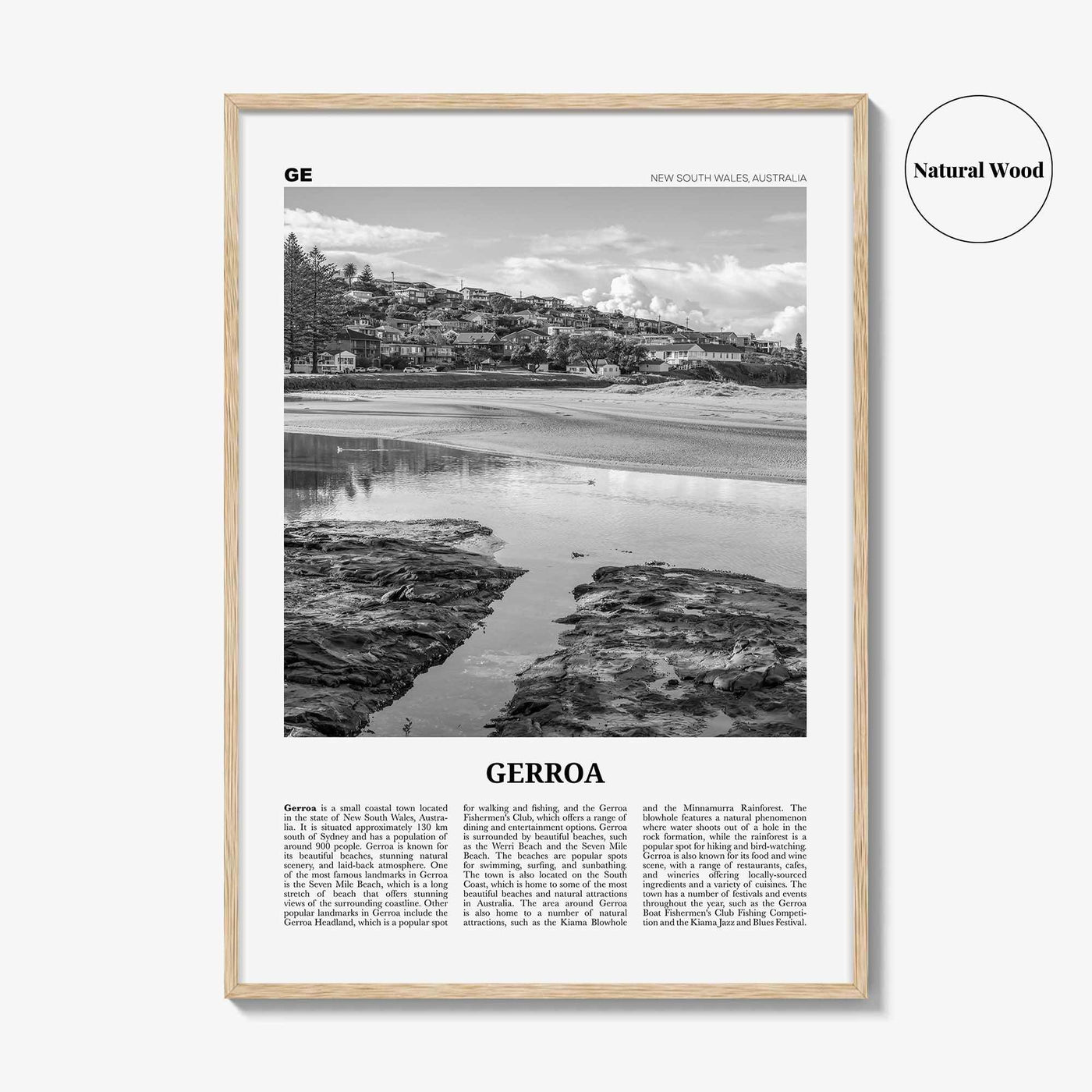 Gerroa Print Black and White, Gerroa Wall Art, Gerroa Poster, Gerroa Photo, Gerroa Wall Décor, Gerroa Map, Australia