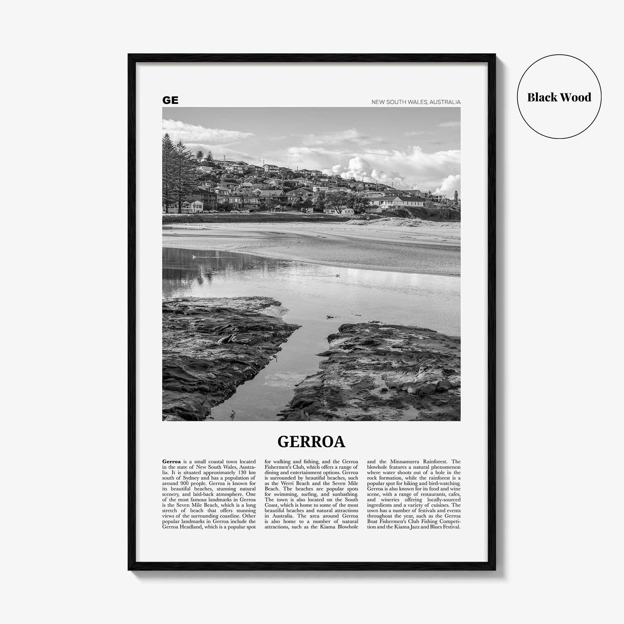 Gerroa Print Black and White, Gerroa Wall Art, Gerroa Poster, Gerroa Photo, Gerroa Wall Décor, Gerroa Map, Australia