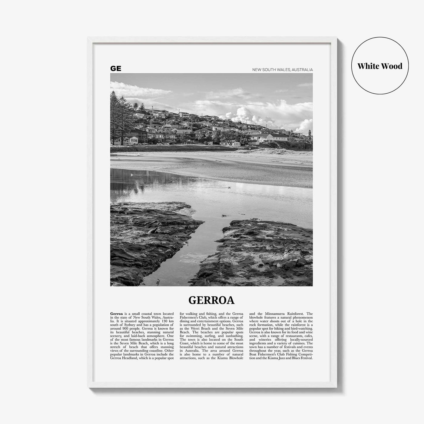 Gerroa Print Black and White, Gerroa Wall Art, Gerroa Poster, Gerroa Photo, Gerroa Wall Décor, Gerroa Map, Australia