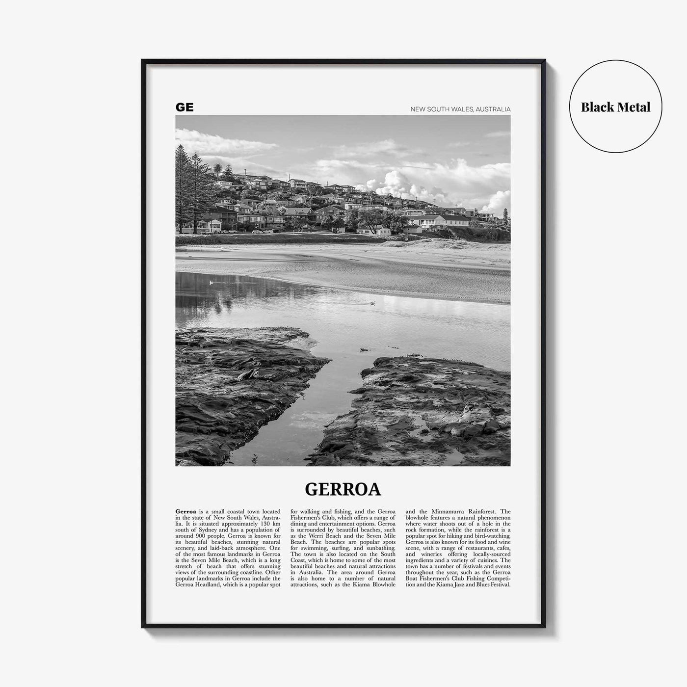 Gerroa Print Black and White, Gerroa Wall Art, Gerroa Poster, Gerroa Photo, Gerroa Wall Décor, Gerroa Map, Australia