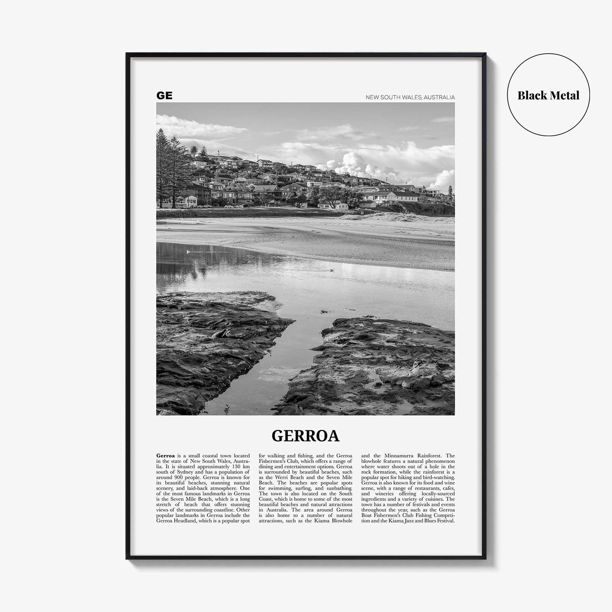 Gerroa Print Black and White, Gerroa Wall Art, Gerroa Poster, Gerroa Photo, Gerroa Wall Décor, Gerroa Map, Australia