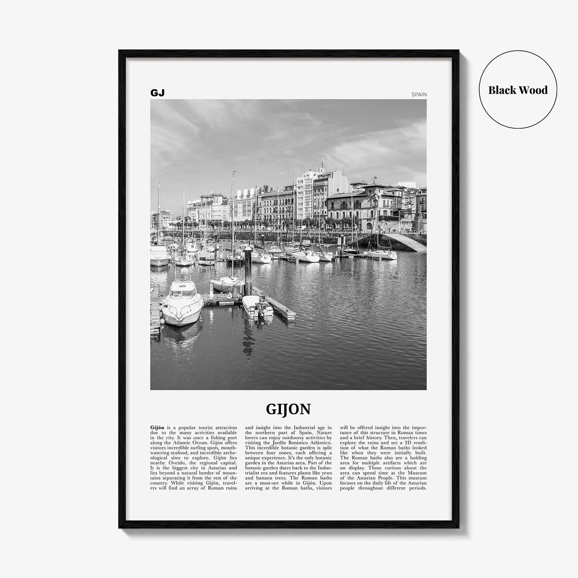 Gijon Print Black and White, Gijon Wall Art, Gijon Poster, Gijon Photo, Gijon Wall Décor, Gijon Map, Spain