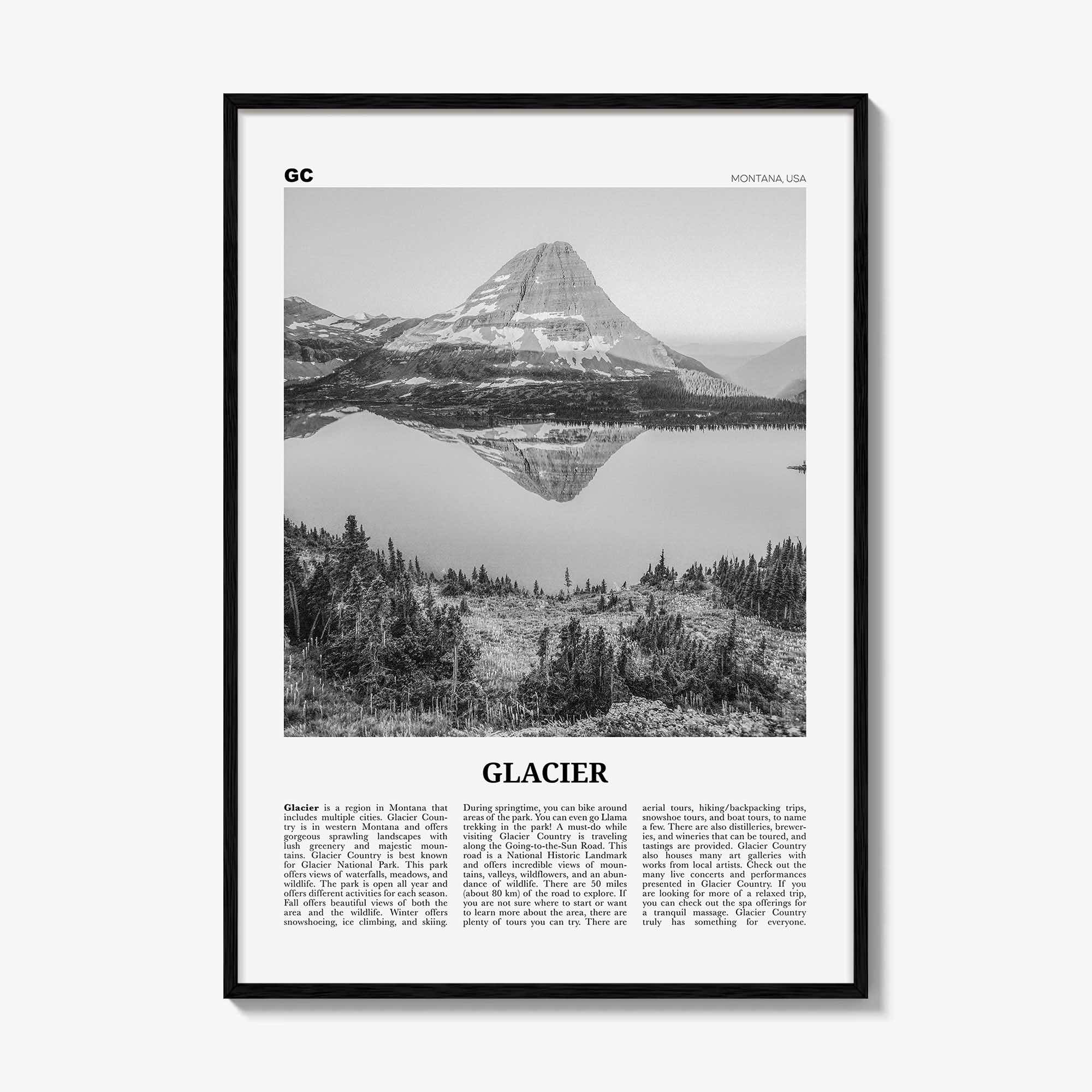 Glacier National Park Print Black and White, Glacier Wall Art, Glacier Poster, Glacier Photo, Montana, USA, United States
