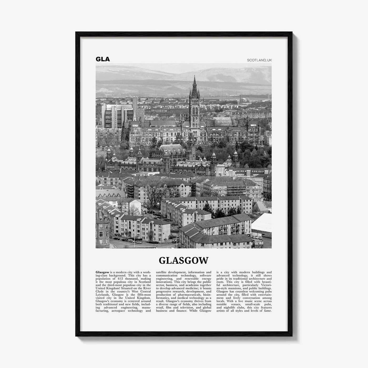 Glasgow Print Black and White, Glasgow Wall Art, Glasgow Poster, Glasgow Photo, Glasgow Wall Decor, Scotland, UK, United Kingdom, Europe