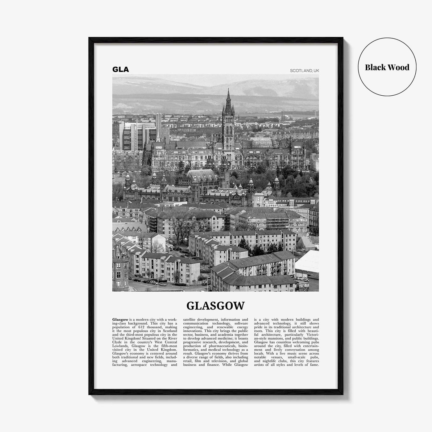 Glasgow Print Black and White, Glasgow Wall Art, Glasgow Poster, Glasgow Photo, Glasgow Wall Decor, Scotland, UK, United Kingdom, Europe