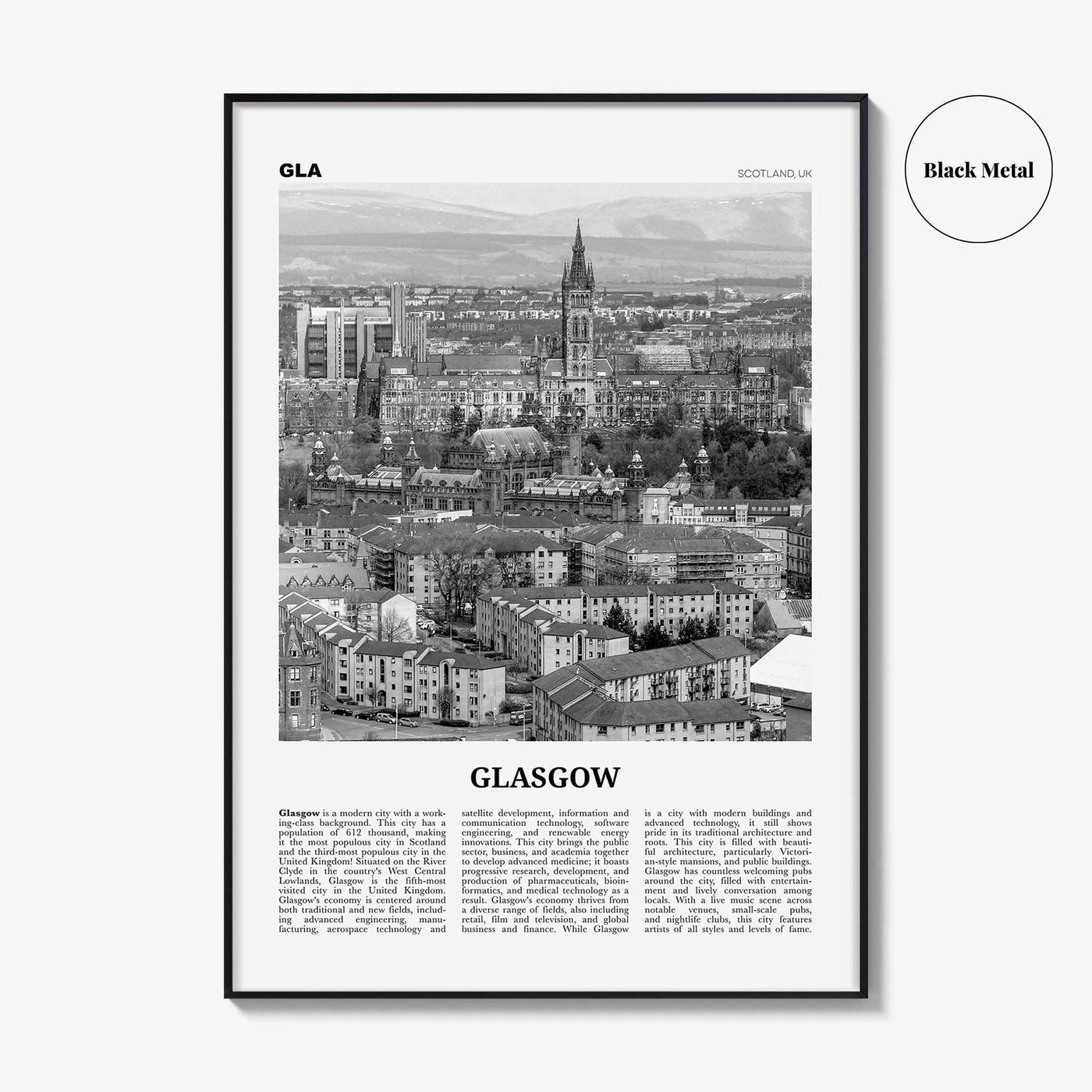 Glasgow Print Black and White, Glasgow Wall Art, Glasgow Poster, Glasgow Photo, Glasgow Wall Decor, Scotland, UK, United Kingdom, Europe