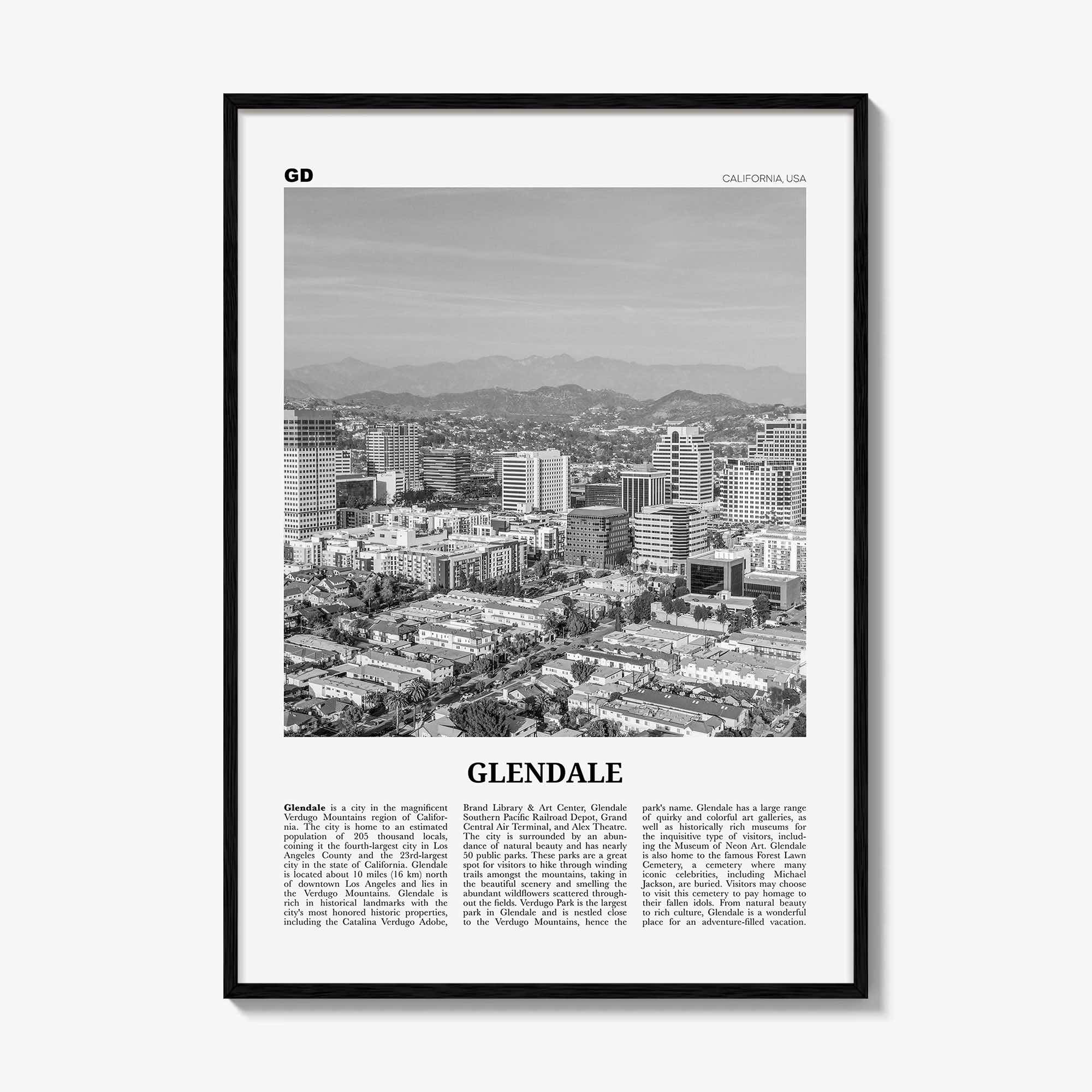 Glendale Print Black and White California, Glendale Wall Art, Glendale Poster, Glendale Photo, Glendale Wall Decor, USA, United States