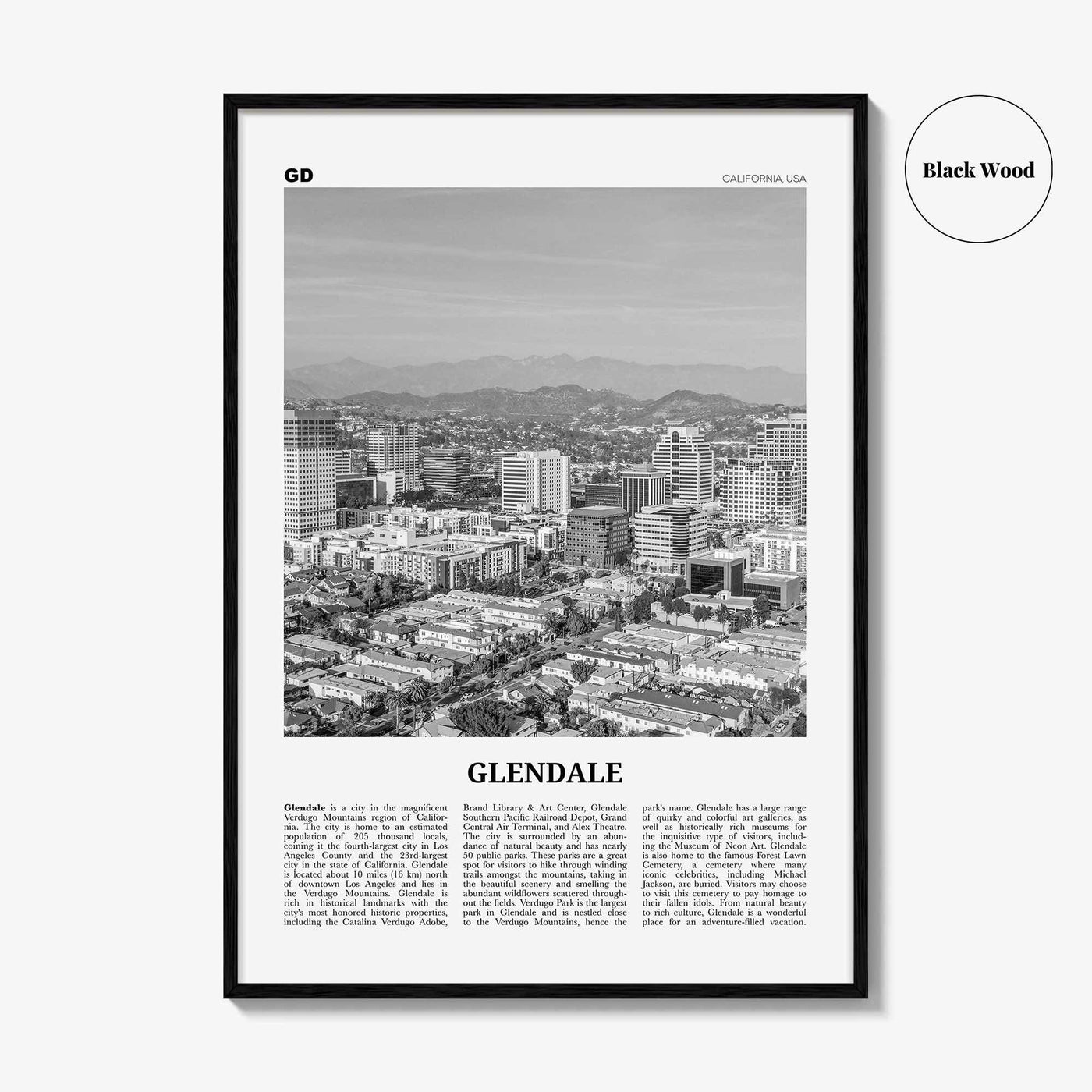 Glendale Print Black and White California, Glendale Wall Art, Glendale Poster, Glendale Photo, Glendale Wall Decor, USA, United States