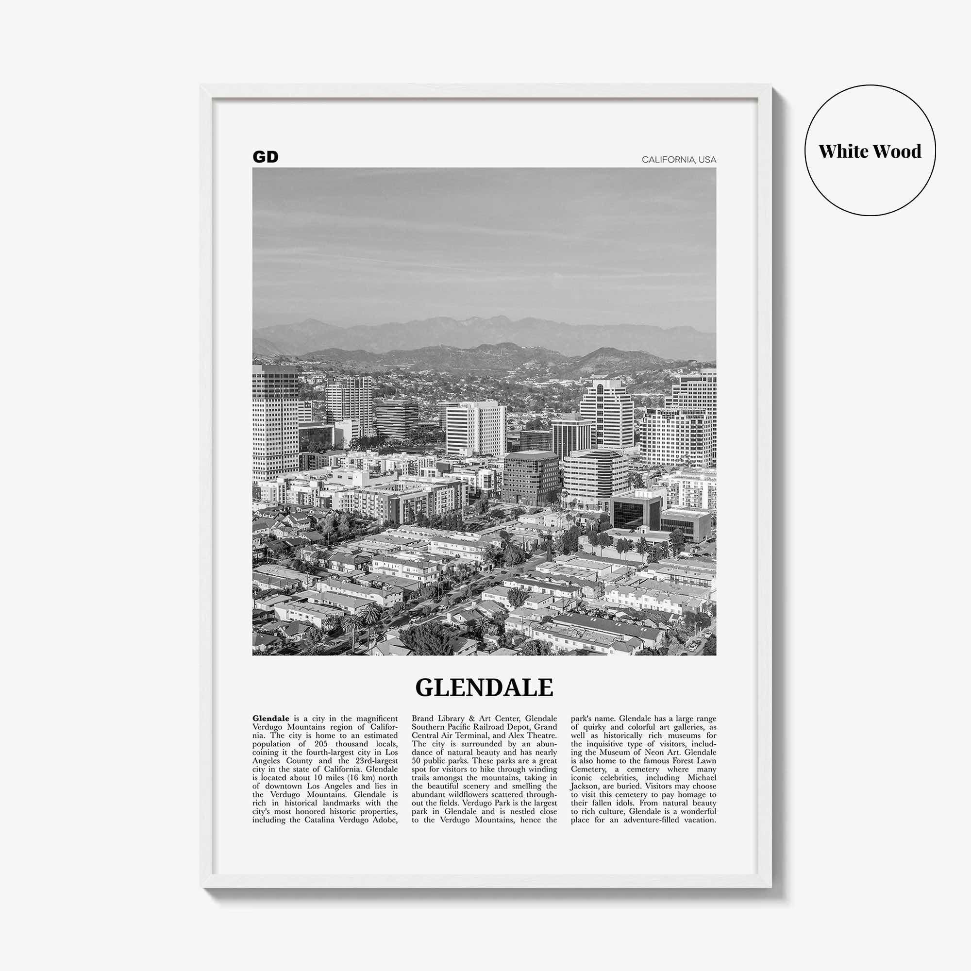 Glendale Print Black and White California, Glendale Wall Art, Glendale Poster, Glendale Photo, Glendale Wall Decor, USA, United States