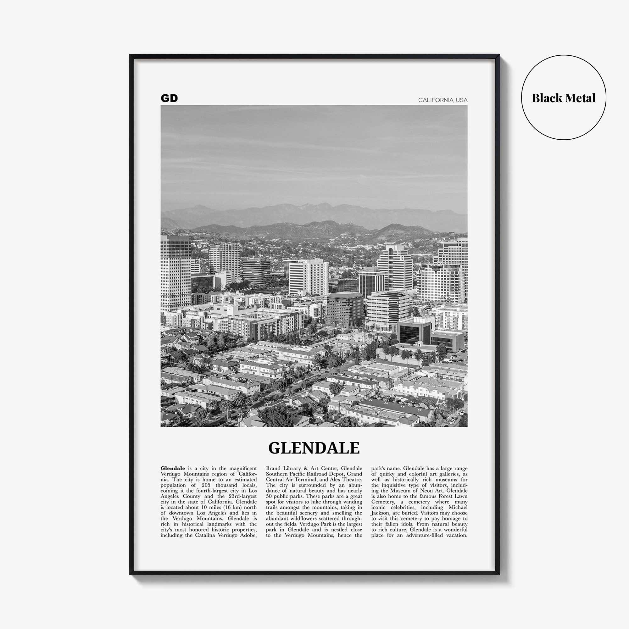 Glendale Print Black and White California, Glendale Wall Art, Glendale Poster, Glendale Photo, Glendale Wall Decor, USA, United States