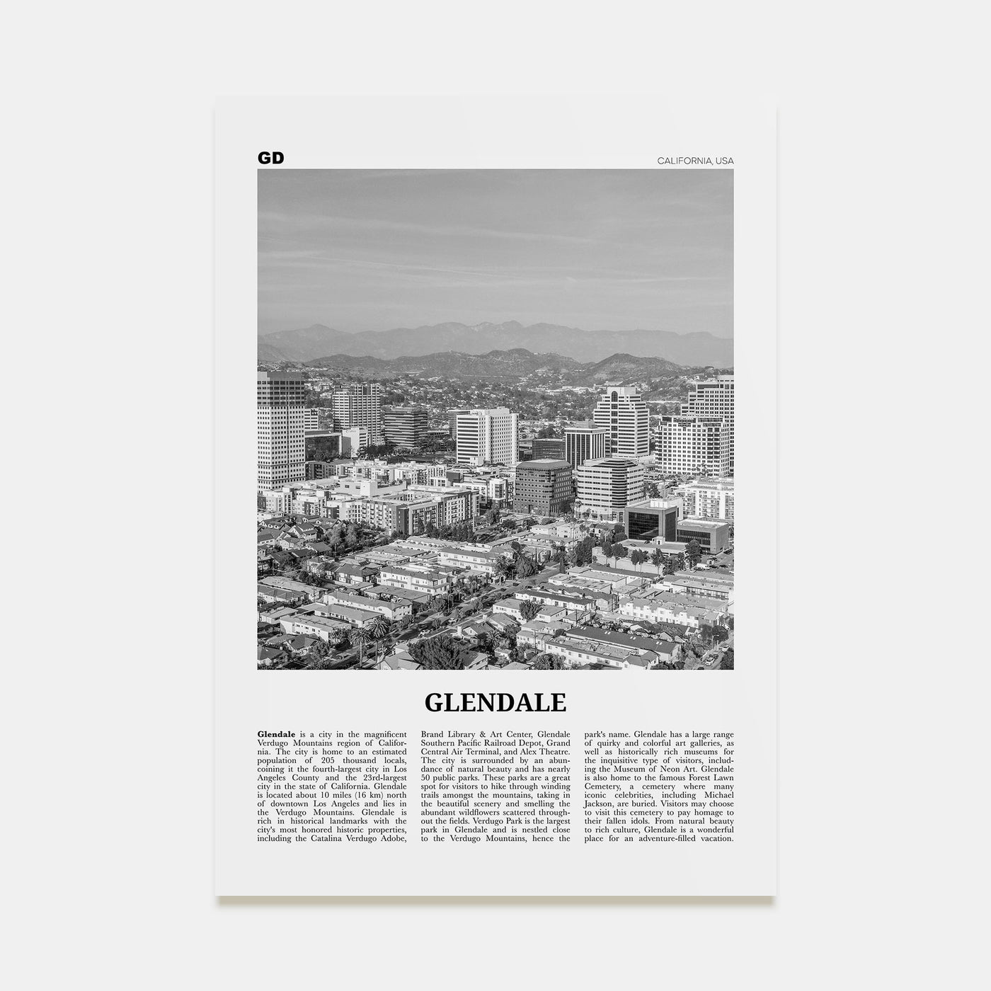 Glendale, California Travel B&W Poster