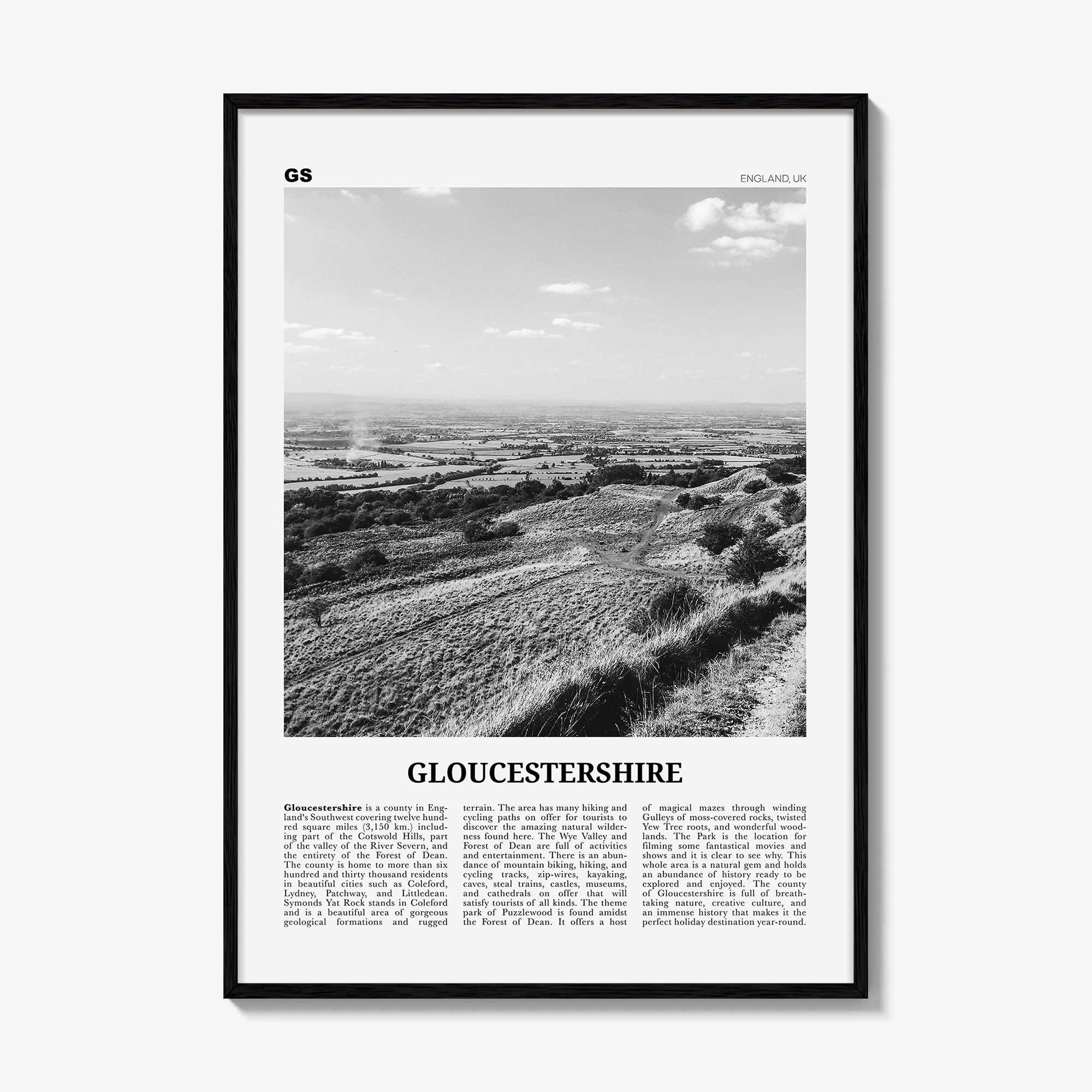 Gloucestershire Print Black and White, Gloucestershire Wall Art, Gloucestershire Poster, Gloucestershire Photo, Gloucestershire Map, England