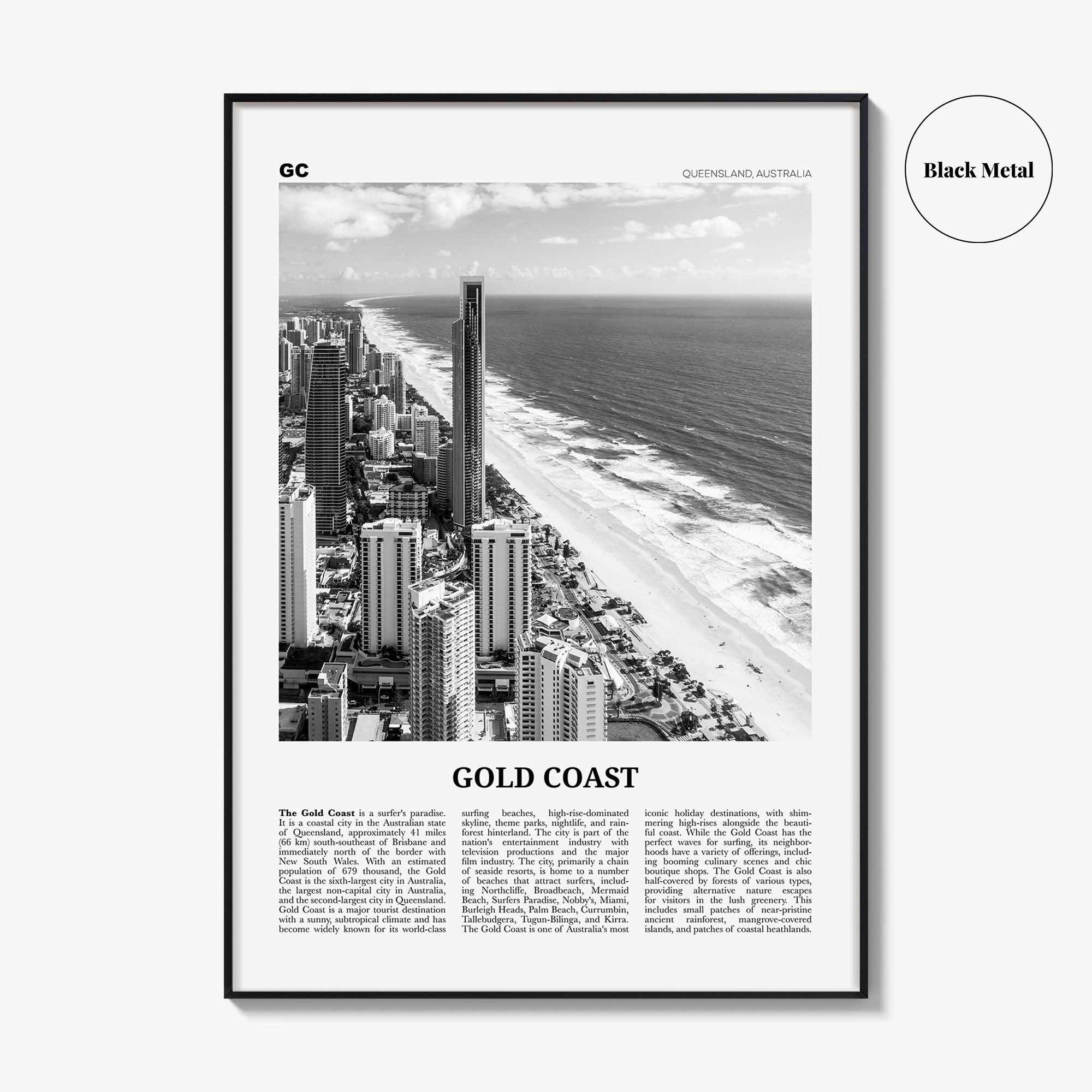 Gold Coast Print Black and White, Gold Coast Wall Art, Gold Coast Poster, Gold Coast Photo, Queensland, Australia, Oceania, Surfers Paradise