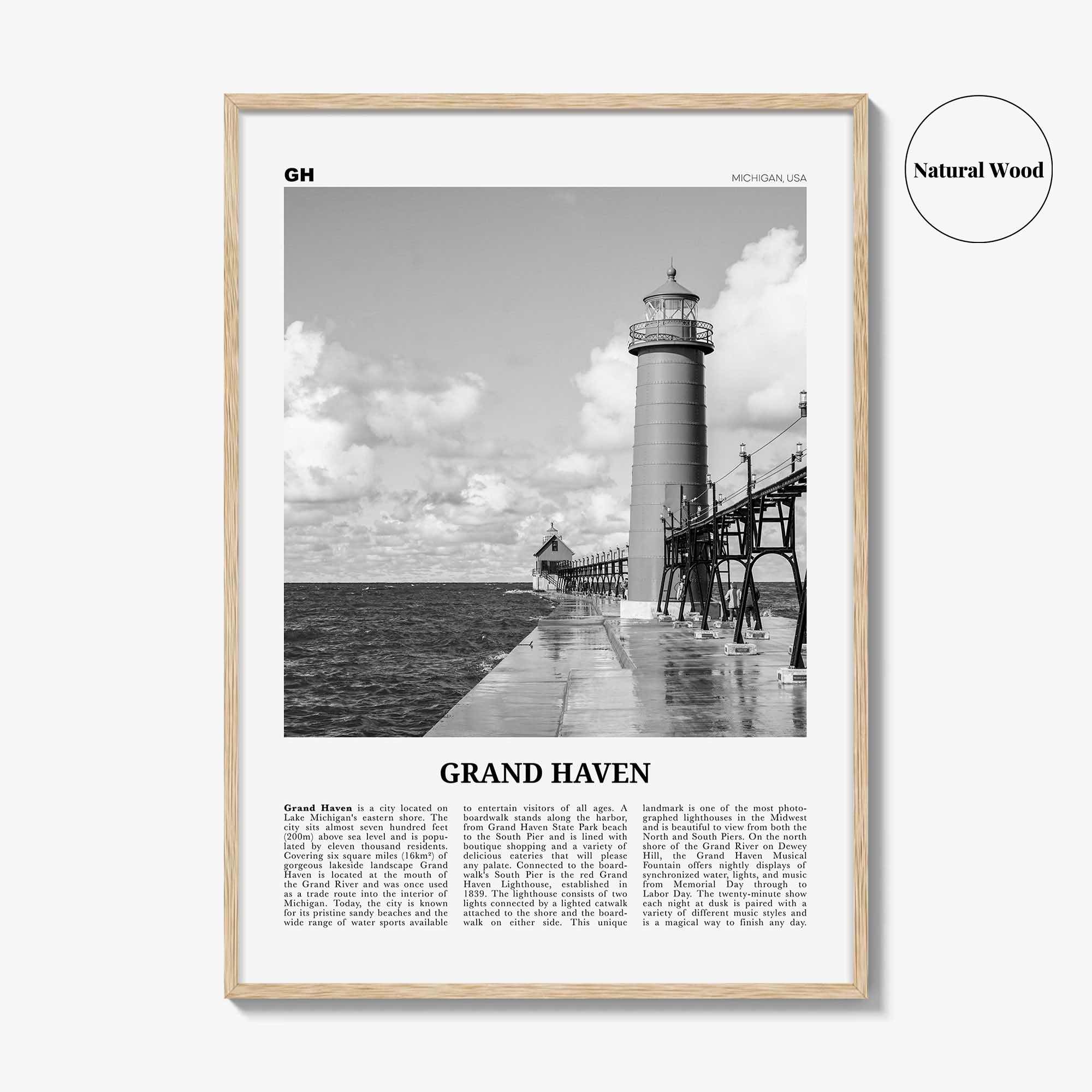 Grand Haven Print Black and White, Grand Haven Wall Art, Grand Haven Poster, Grand Haven Photo, Grand Haven Map, Michigan, USA