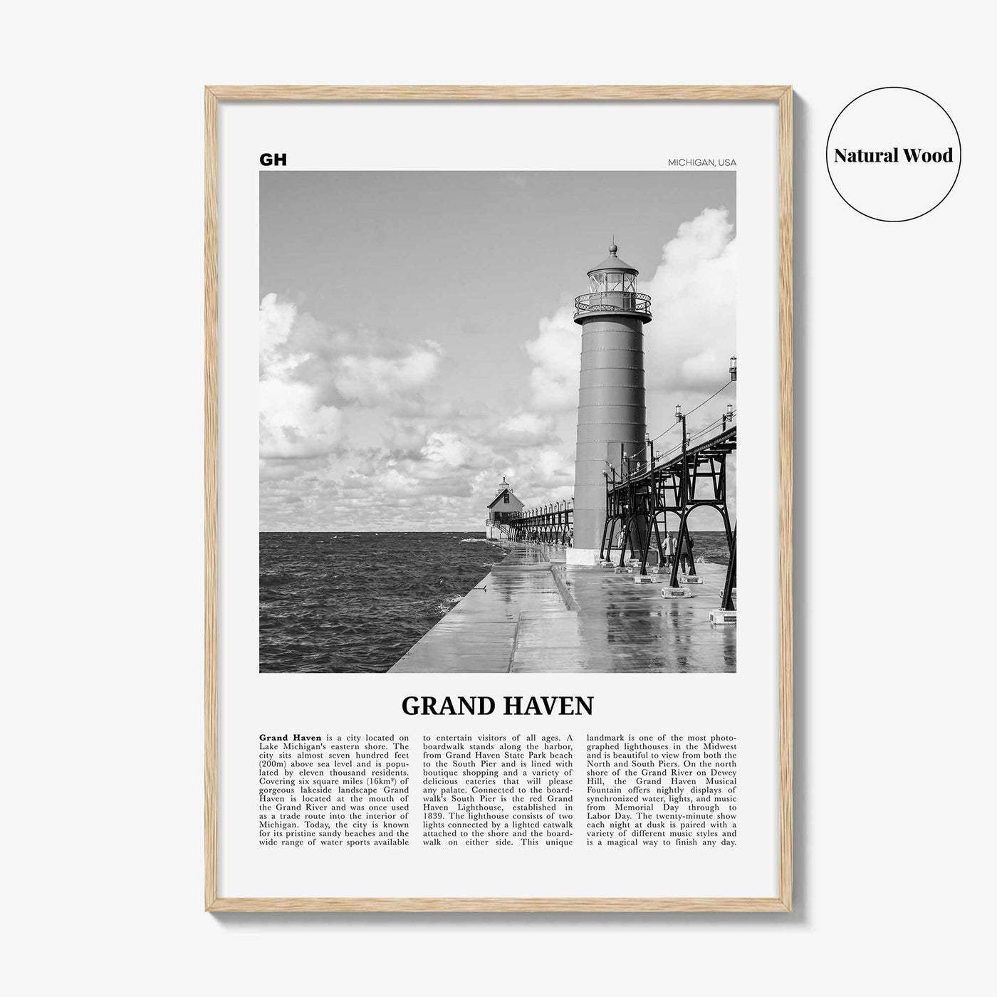 Grand Haven Print Black and White, Grand Haven Wall Art, Grand Haven Poster, Grand Haven Photo, Grand Haven Map, Michigan, USA