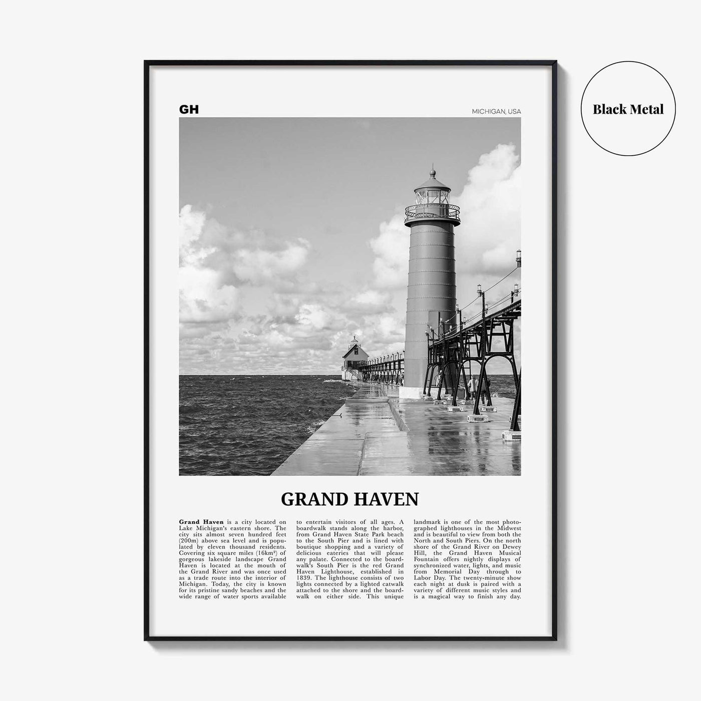 Grand Haven Print Black and White, Grand Haven Wall Art, Grand Haven Poster, Grand Haven Photo, Grand Haven Map, Michigan, USA
