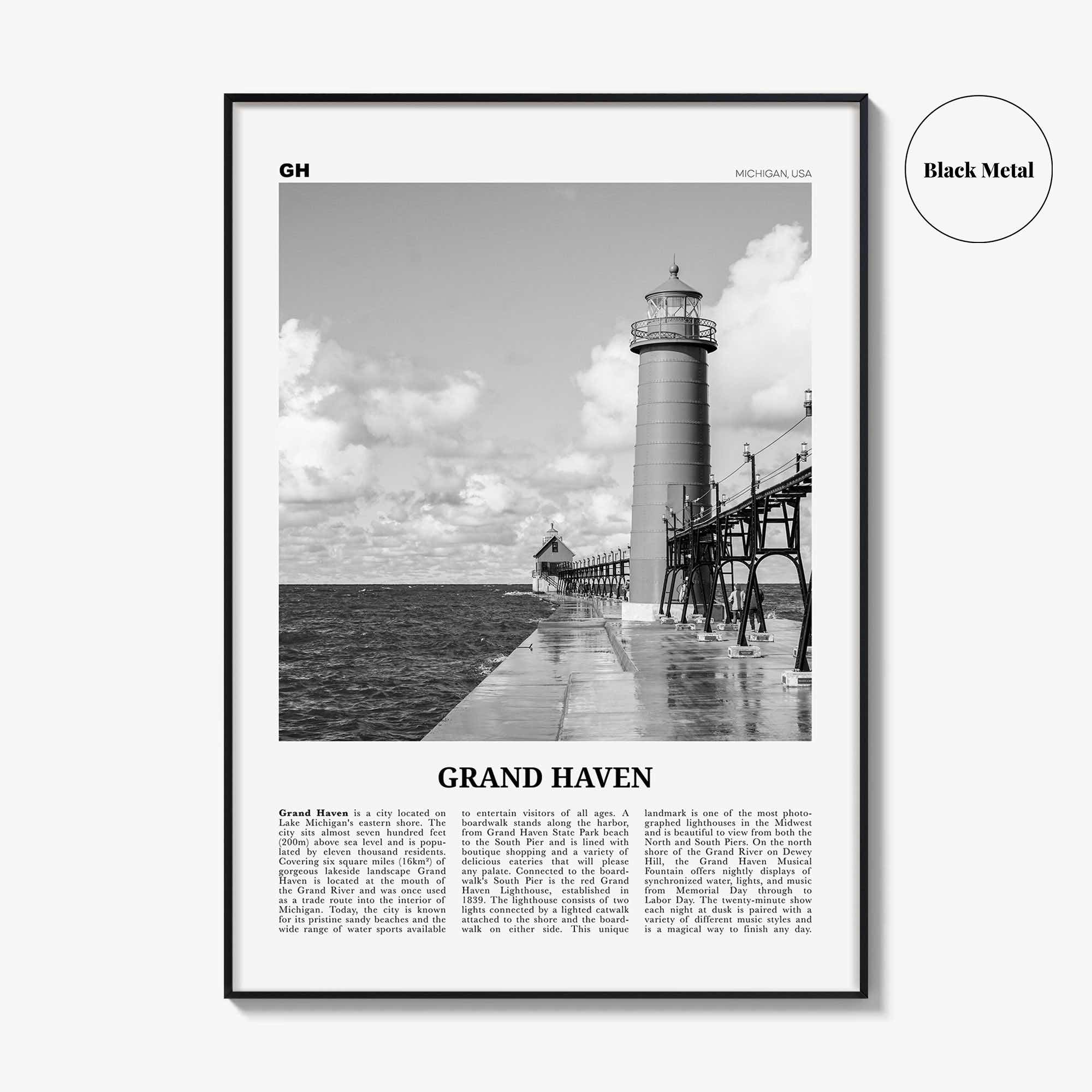 Grand Haven Print Black and White, Grand Haven Wall Art, Grand Haven Poster, Grand Haven Photo, Grand Haven Map, Michigan, USA