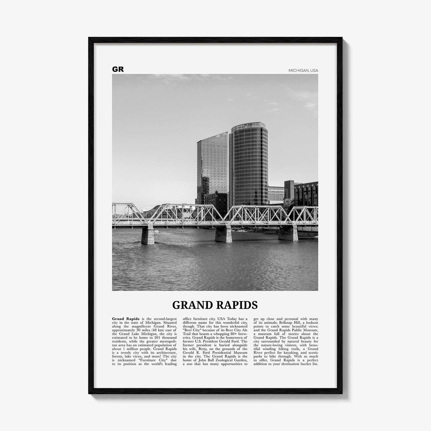 Grand Rapids Print Black and White No 1, Grand Rapids Wall Art, Grand Rapids Poster, Grand Rapids Photo, Grand Rapids, Michigan, USA