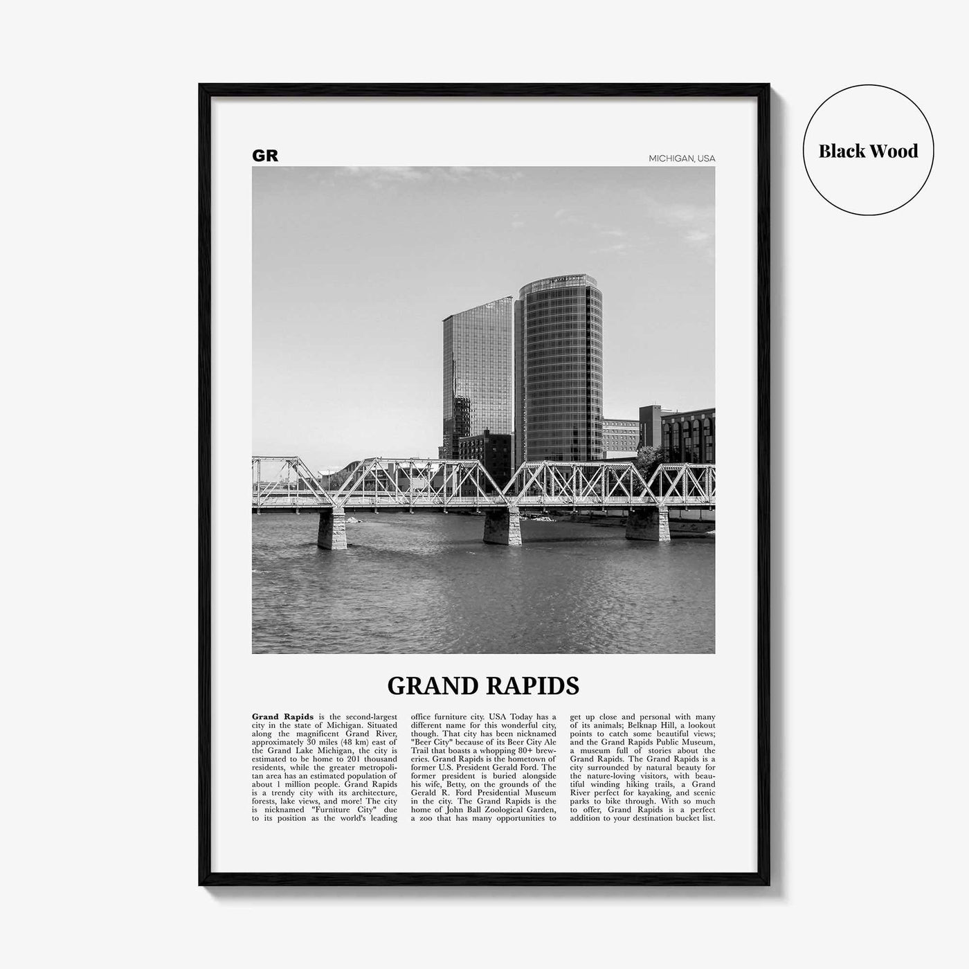 Grand Rapids Print Black and White No 1, Grand Rapids Wall Art, Grand Rapids Poster, Grand Rapids Photo, Grand Rapids, Michigan, USA