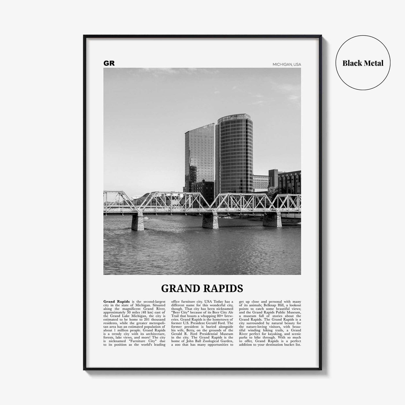 Grand Rapids Print Black and White No 1, Grand Rapids Wall Art, Grand Rapids Poster, Grand Rapids Photo, Grand Rapids, Michigan, USA